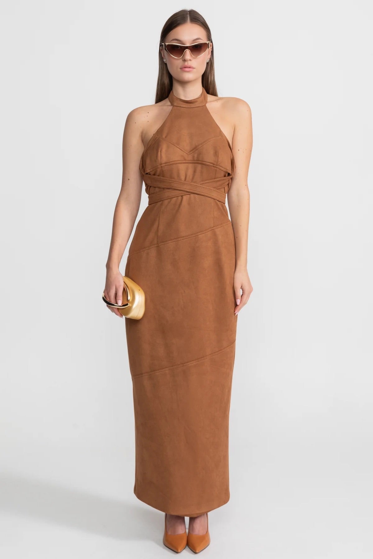 Suede Halterneck Wrap Maxi Dress – Cognac