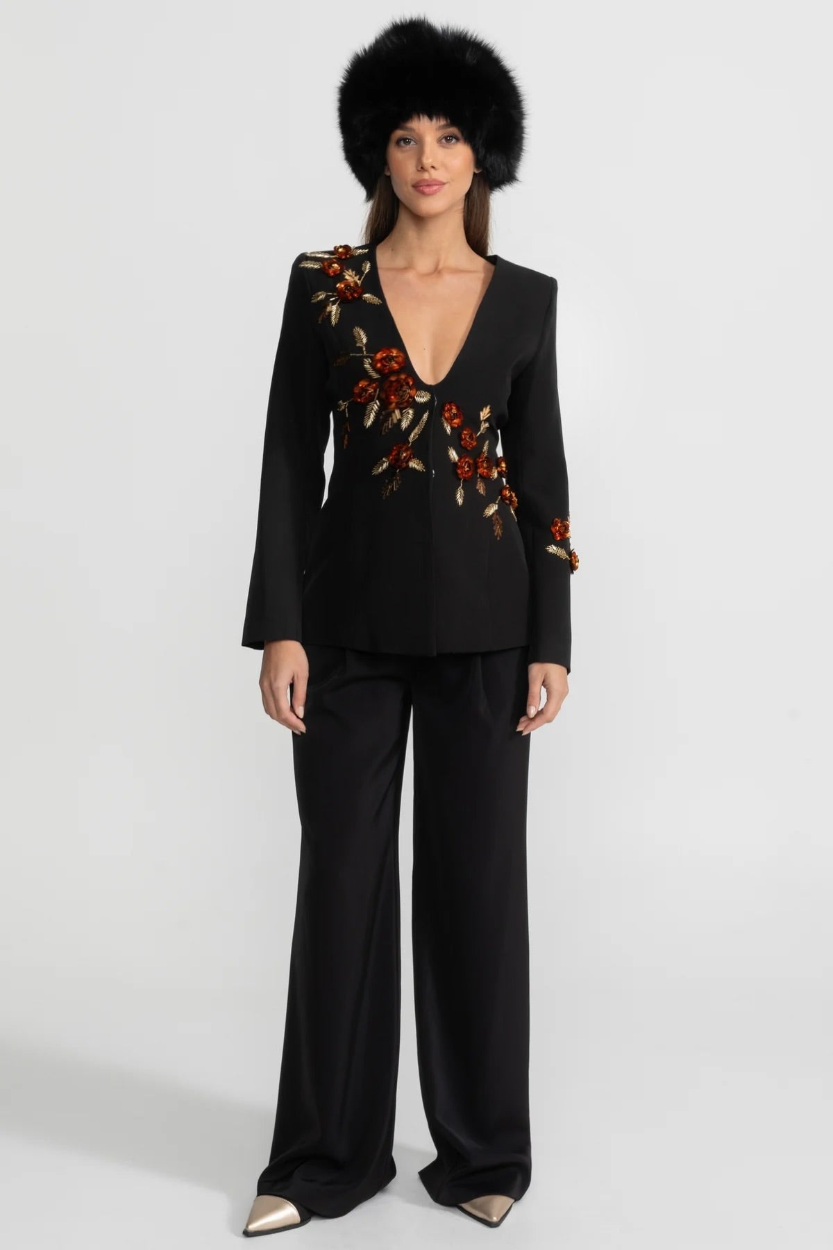 Deep V-Neck Blazer With Intricate Floral Embroidery - Black