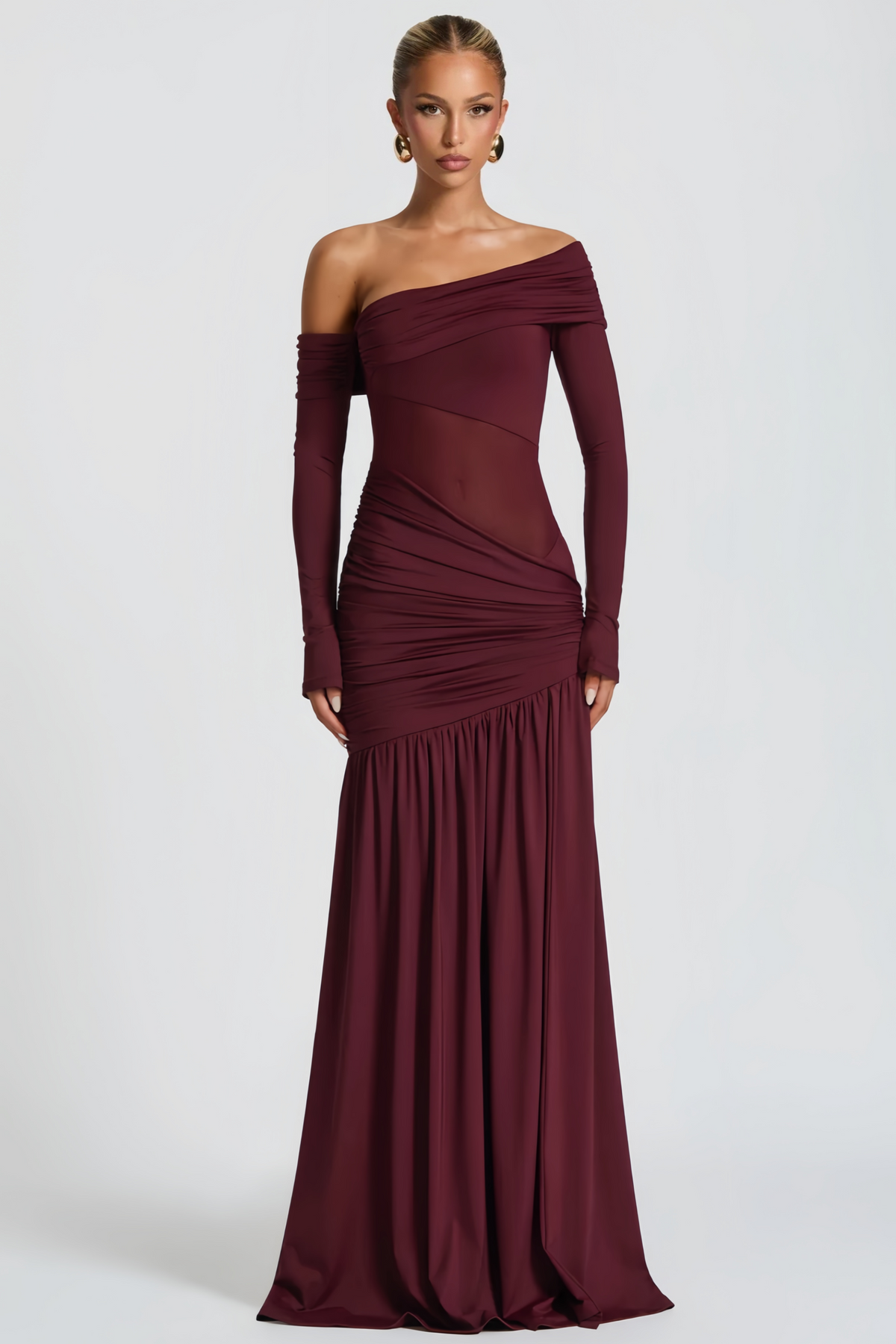 Anastasia Burgundy One Shoulder Gathered Maxi Dress