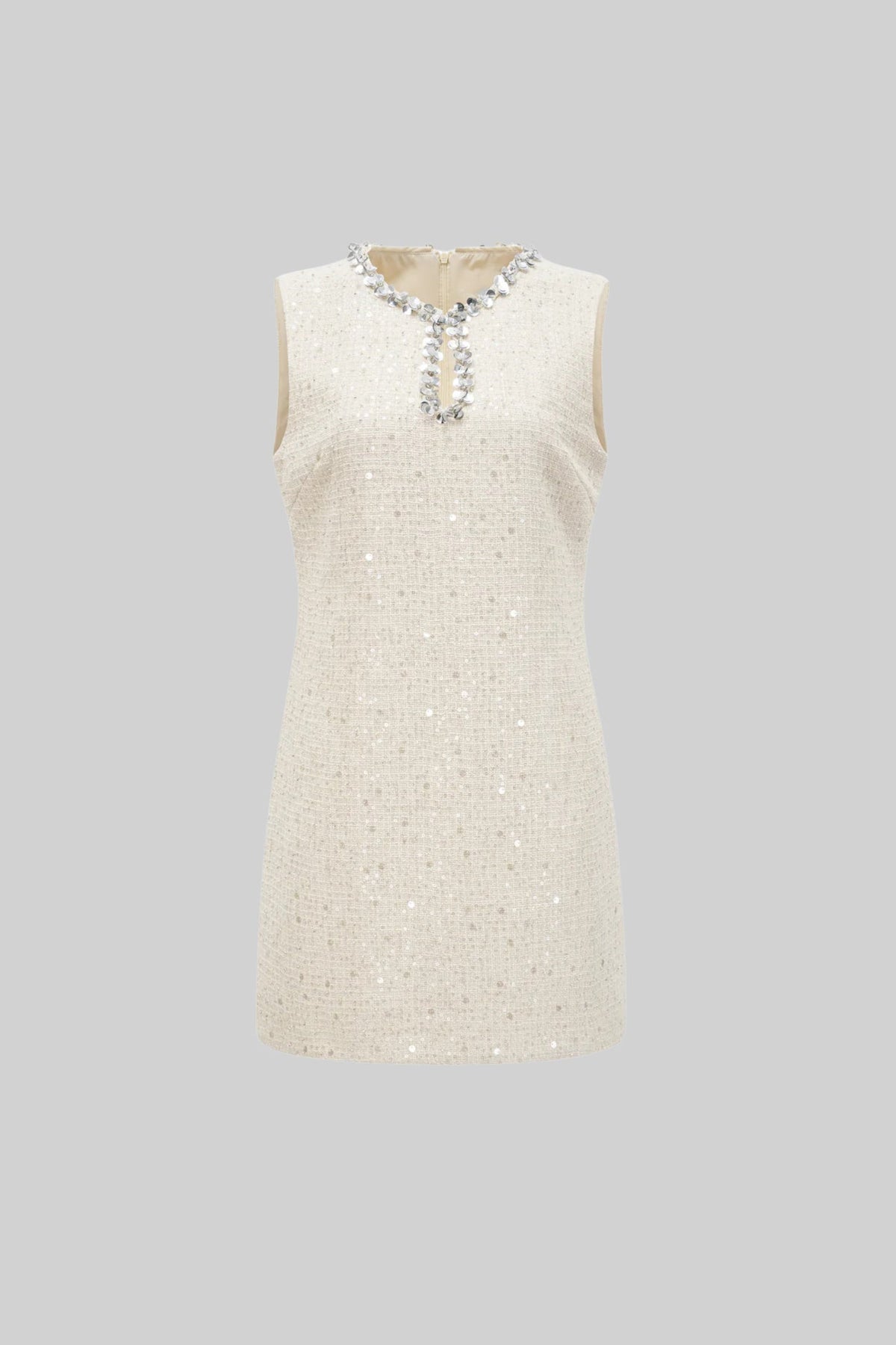 Textured Sleeveless Mini Dress With Sparkling Collar Details - Ivoire
