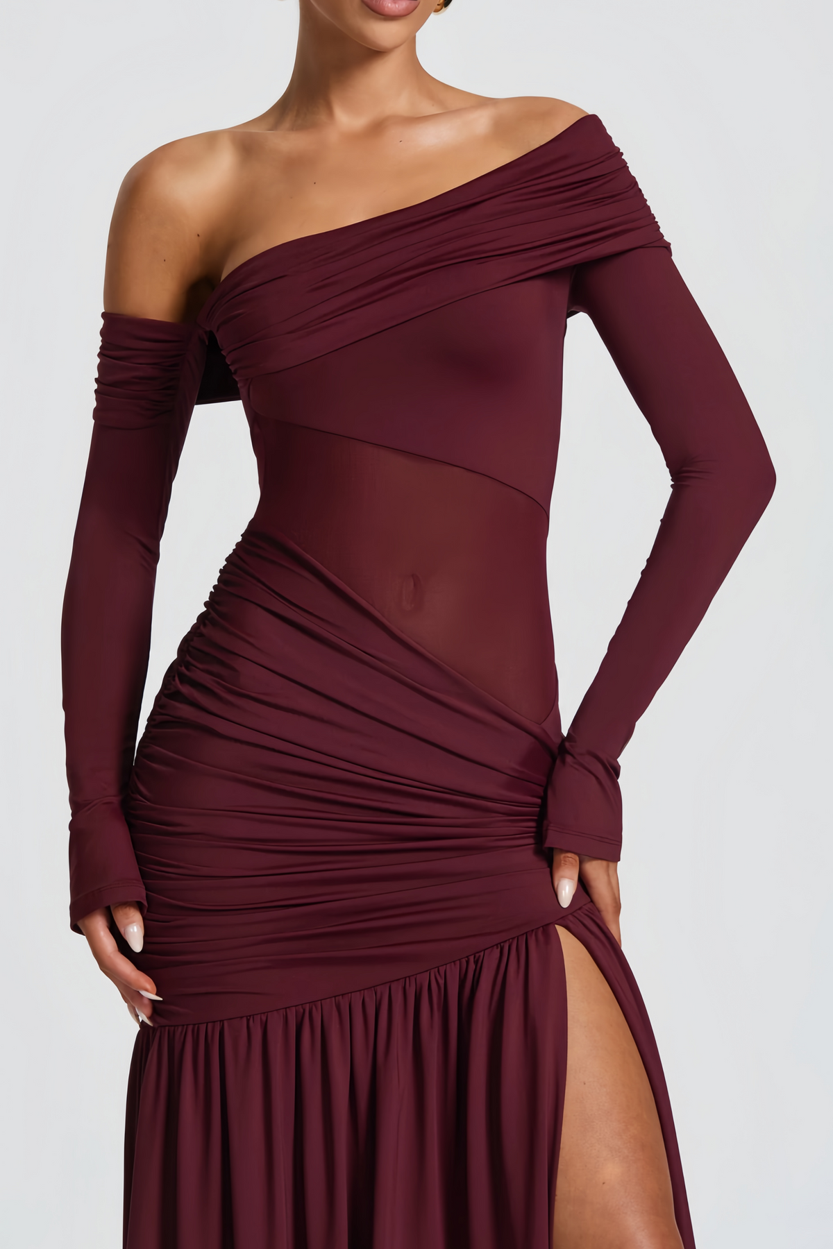 Anastasia Burgundy One Shoulder Gathered Maxi Dress (Final Sale-US Only)