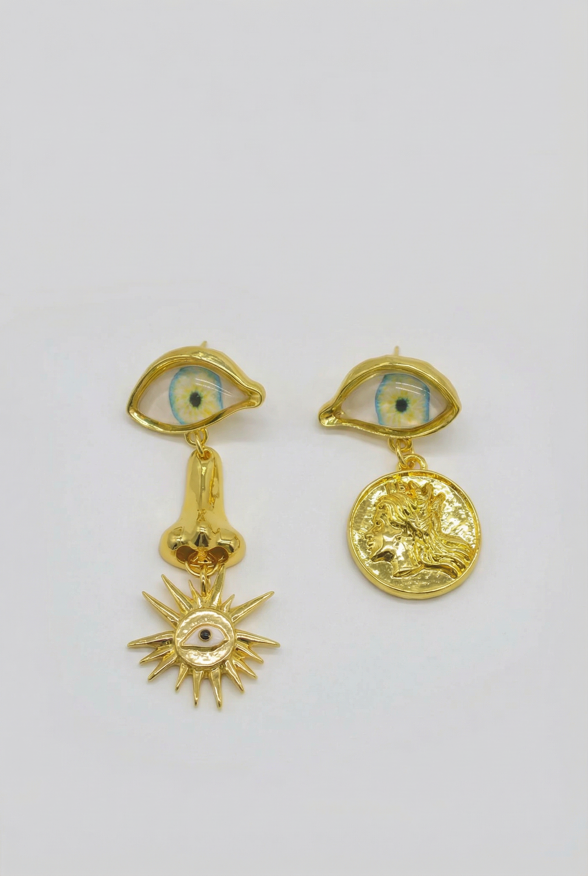 Statement Drop Earrings with Eye Motif and Symbol Charms – Gold