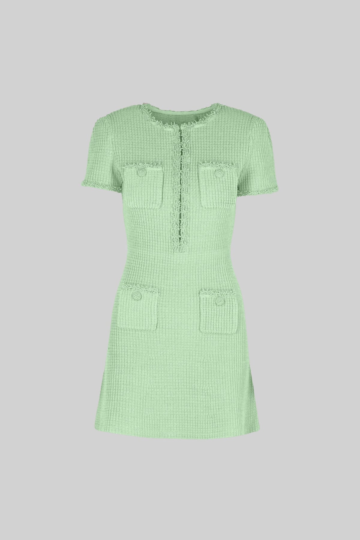 Tweed Mini Dress With Short Sleeves And Buttoned Front Closure - Green