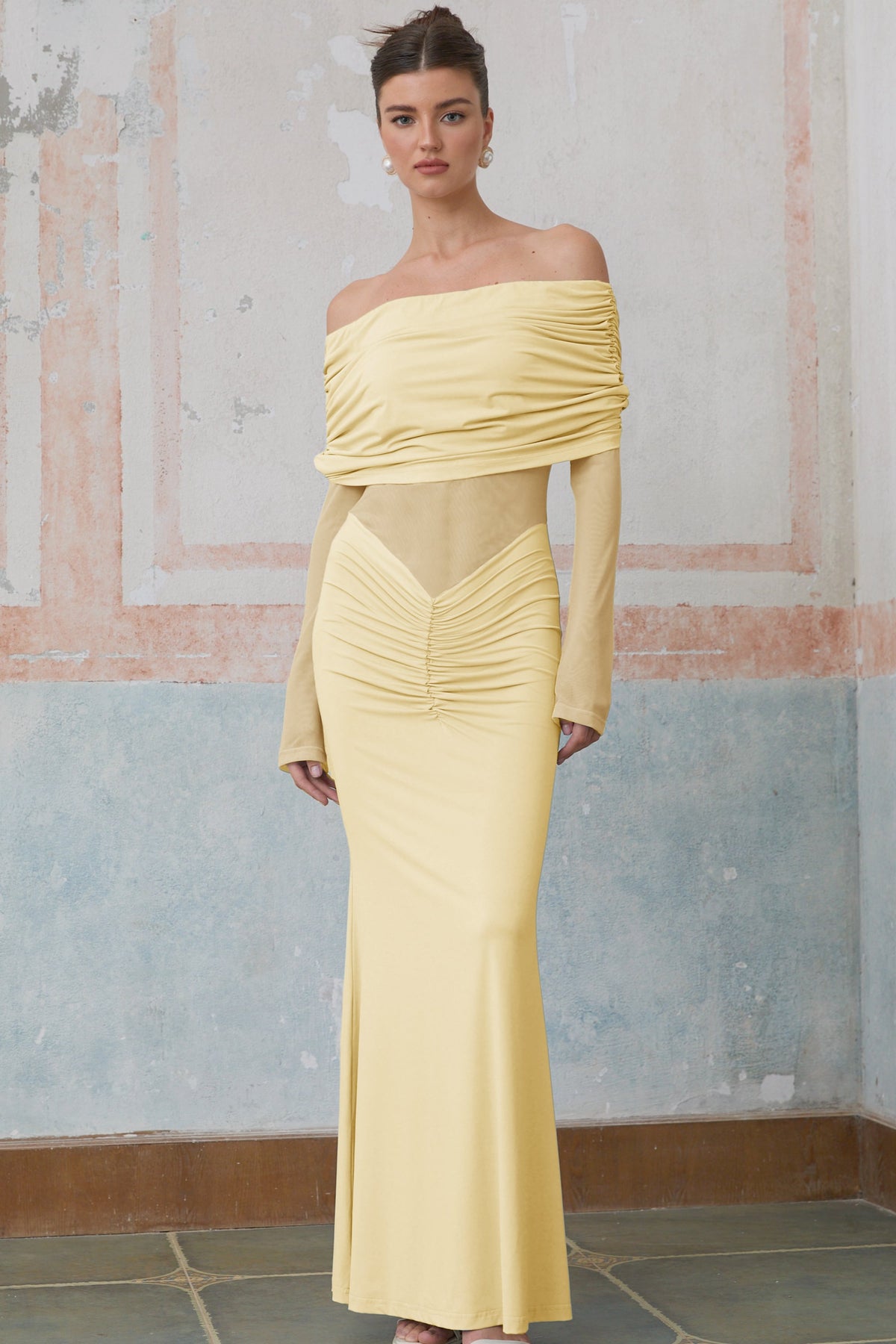 Ninon Yellow Off Shoulder Ruched Maxi Dress