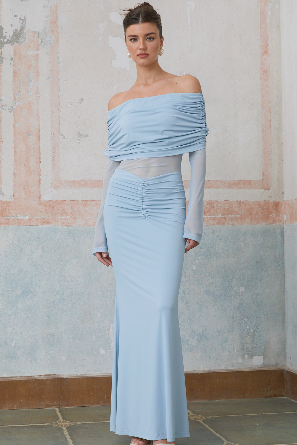 Ninon blue off-shoulder ruched maxi dress