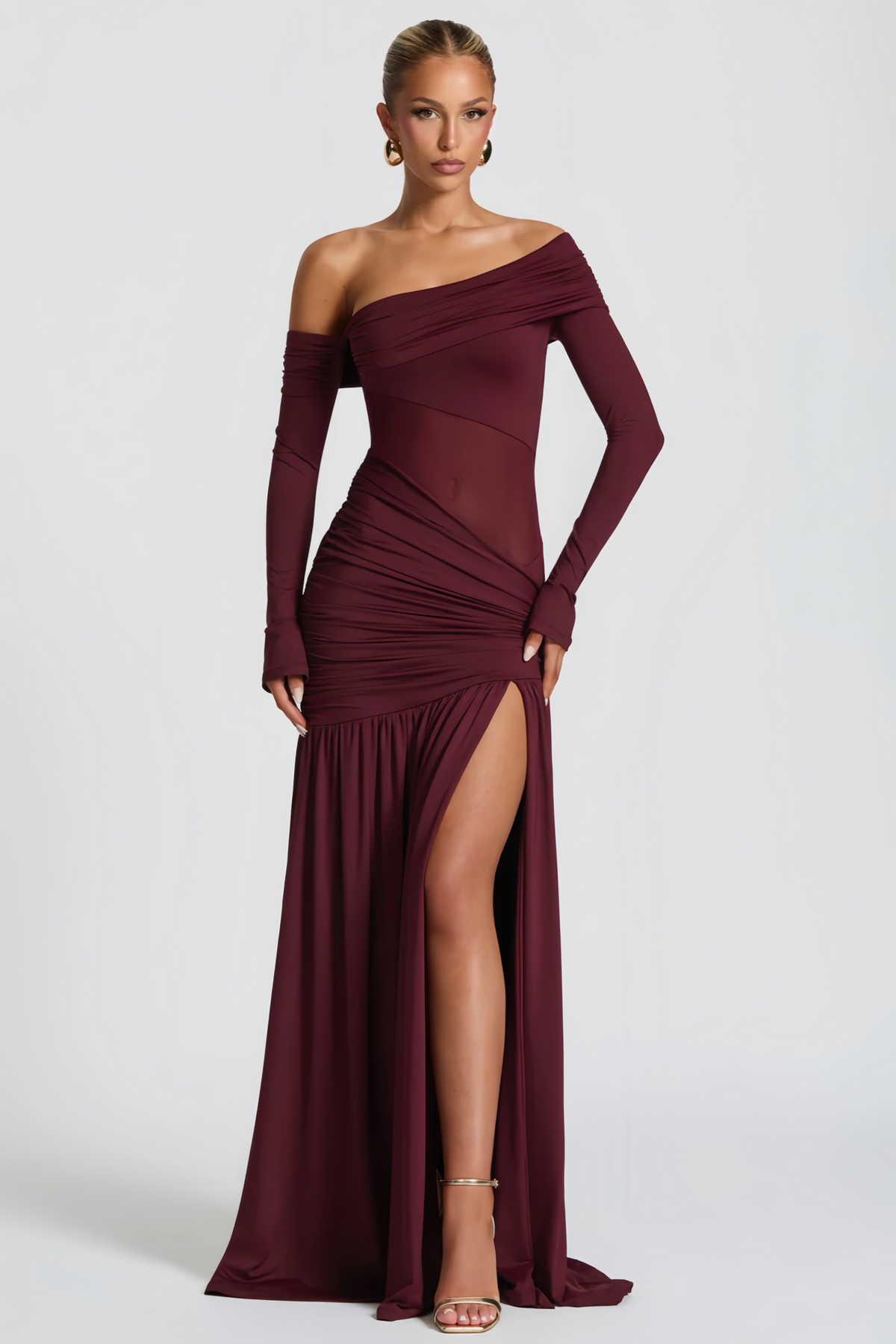 Anastasia Burgundy One Shoulder Gathered Maxi Dress