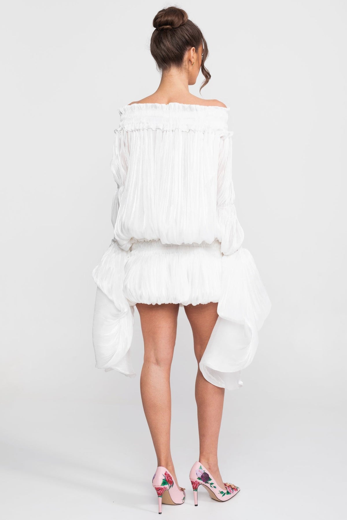 Off-Shoulder Ruffle Mini Dress With Draped Sleeves - White