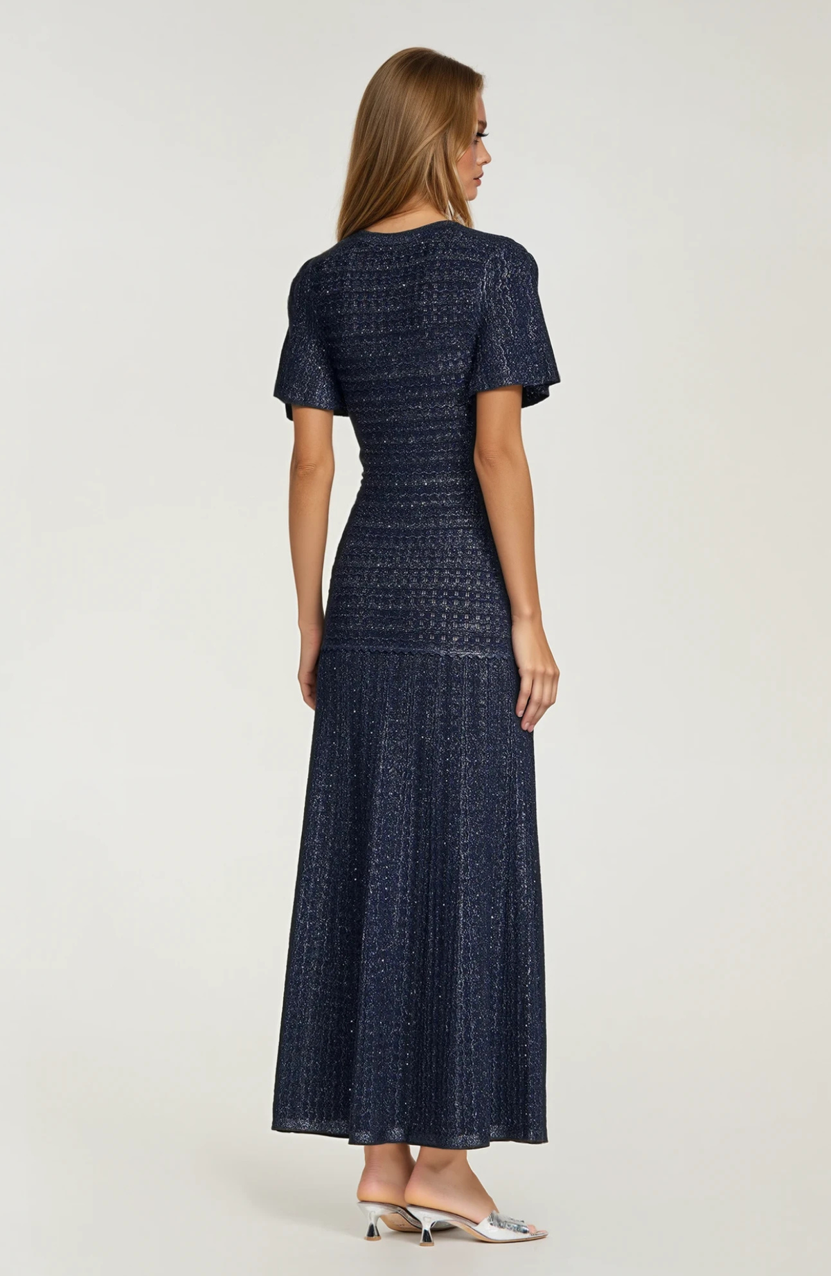 SANDRO STRASS RHINESTONE KNIT MAXI DRESS - DARK BLUE