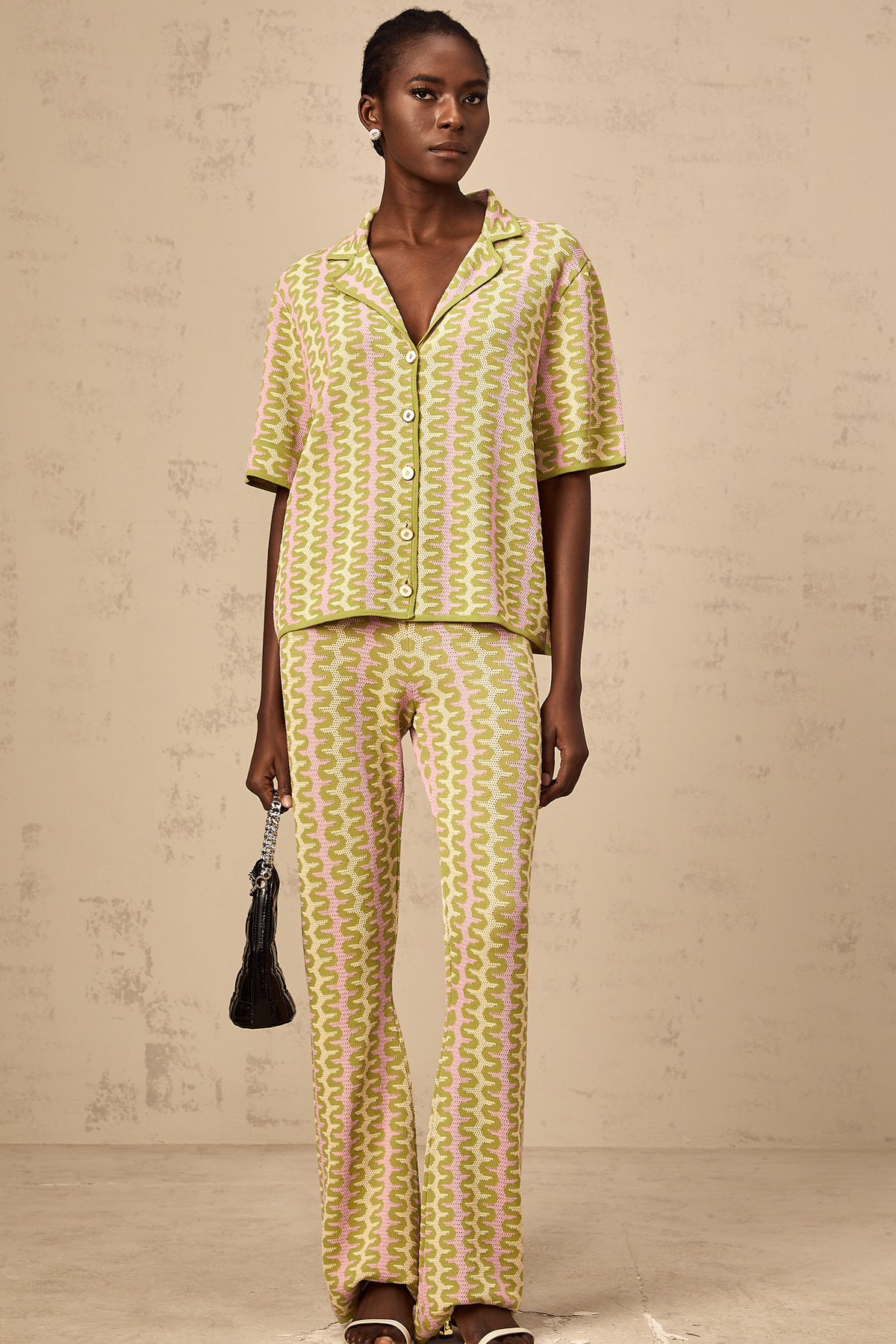 Ophélie green color-block knitted shirt & trousers matching set (Final Sale-US Only)