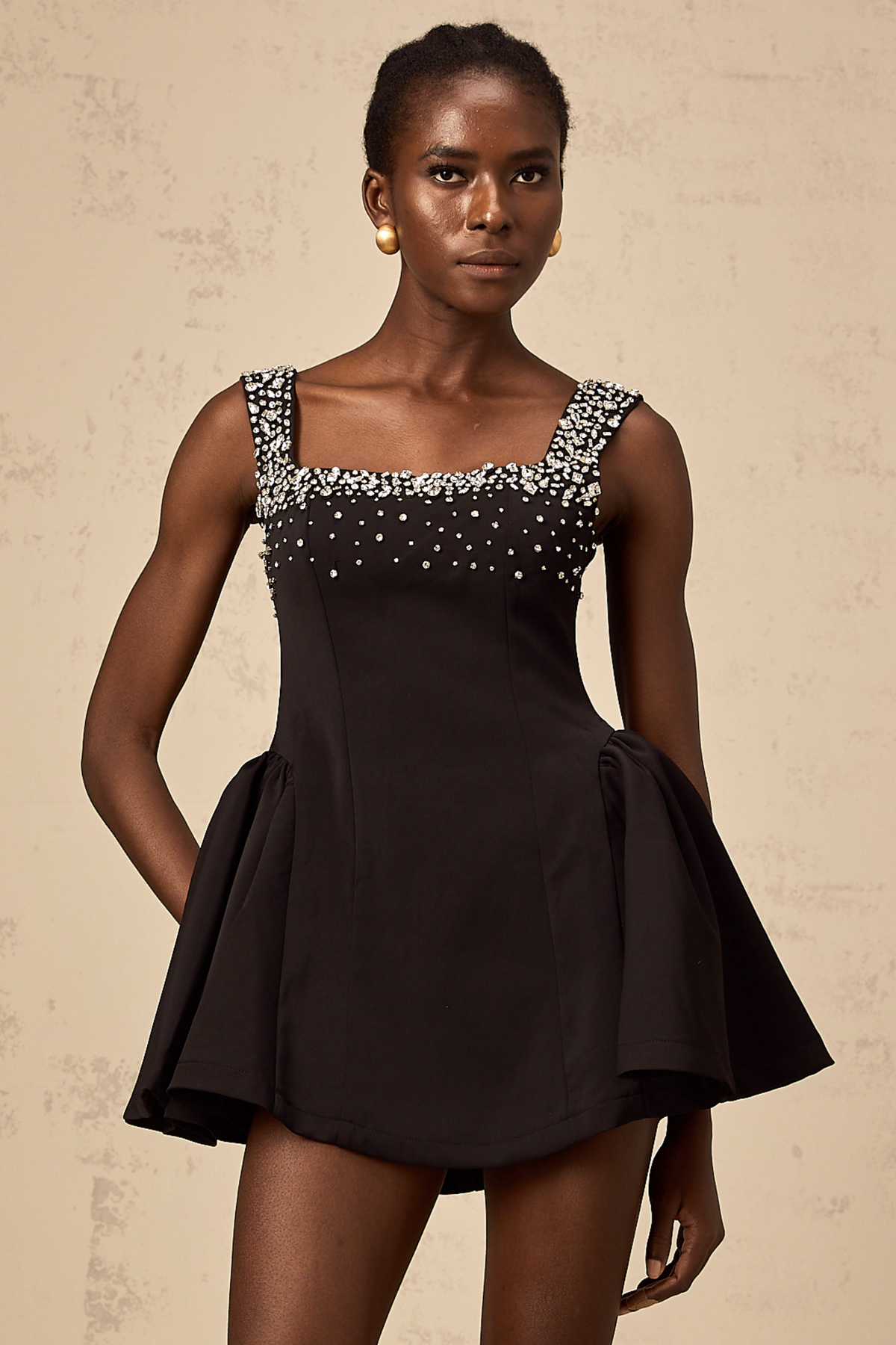 Mélanie black crystal-embellished flared mini dress