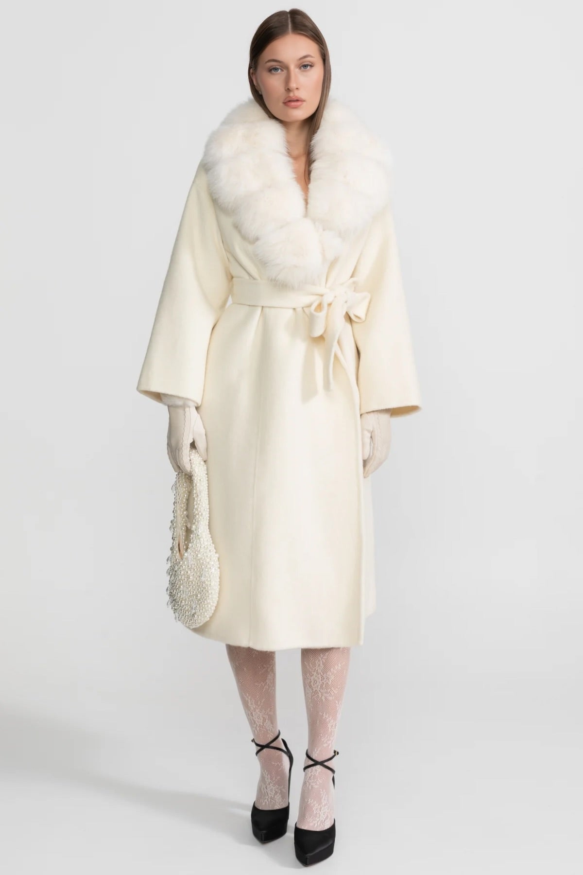 Wool Wrap Coat with Fox Fur Collar And Tie Belt – Ivoire