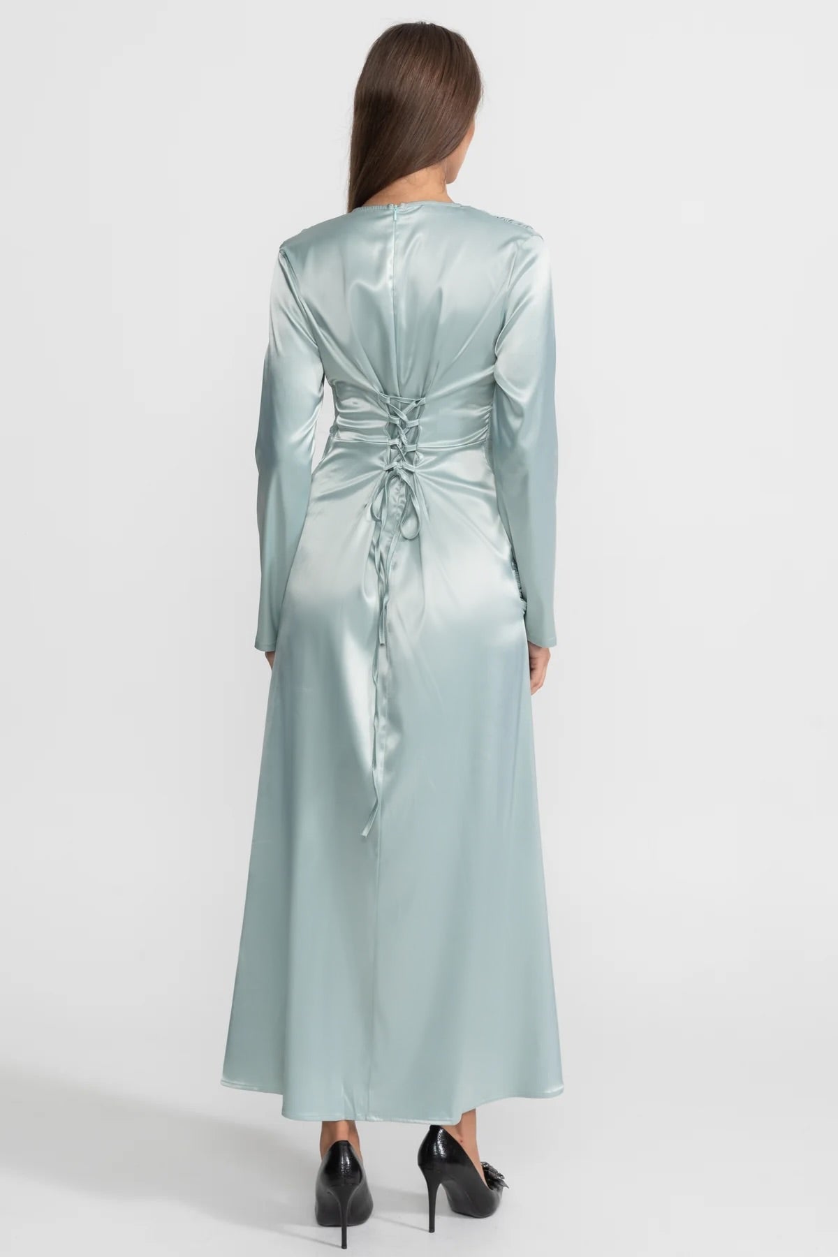Satin Midi Dress with Draped Overlay and Knot Detail - Teal