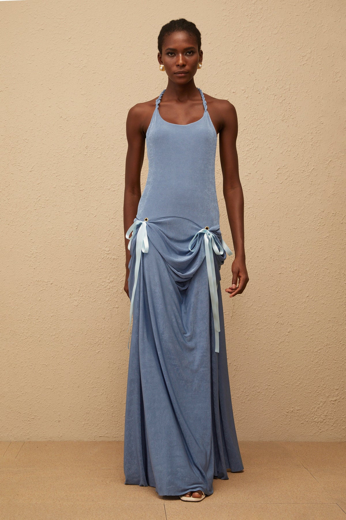 Adèle Blue Bowknot Velvet Maxi Dress (Final Sale)