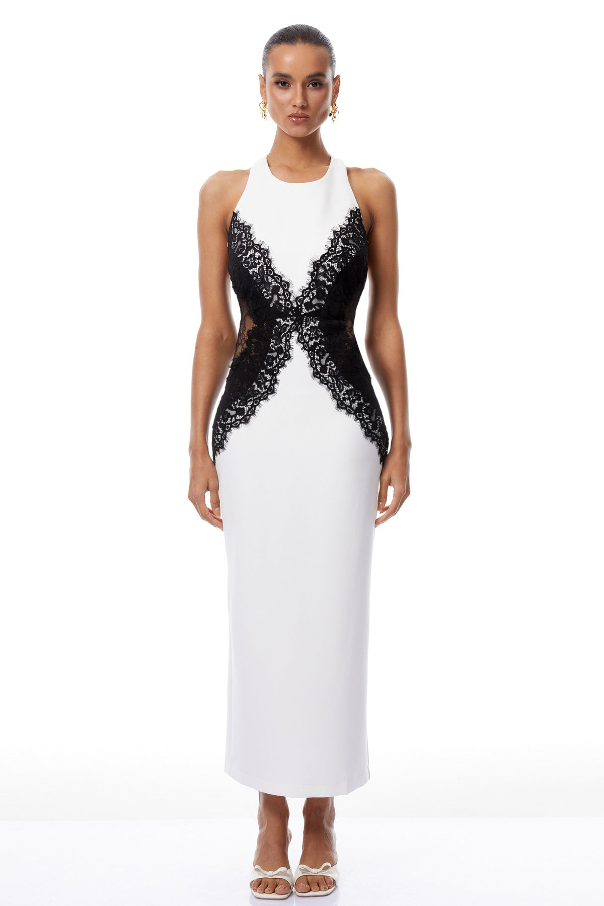 Ilaria White Halterneck Lace Panel Maxi Dress