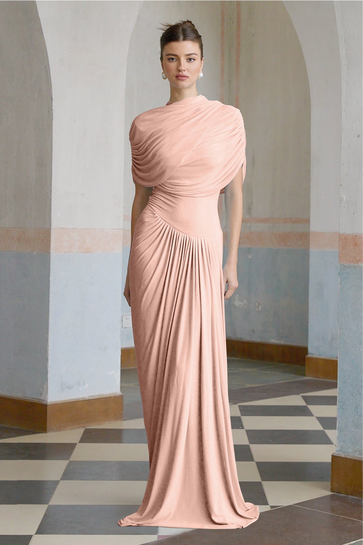 Catherine asymmetrical pleated maxi dress in Pink