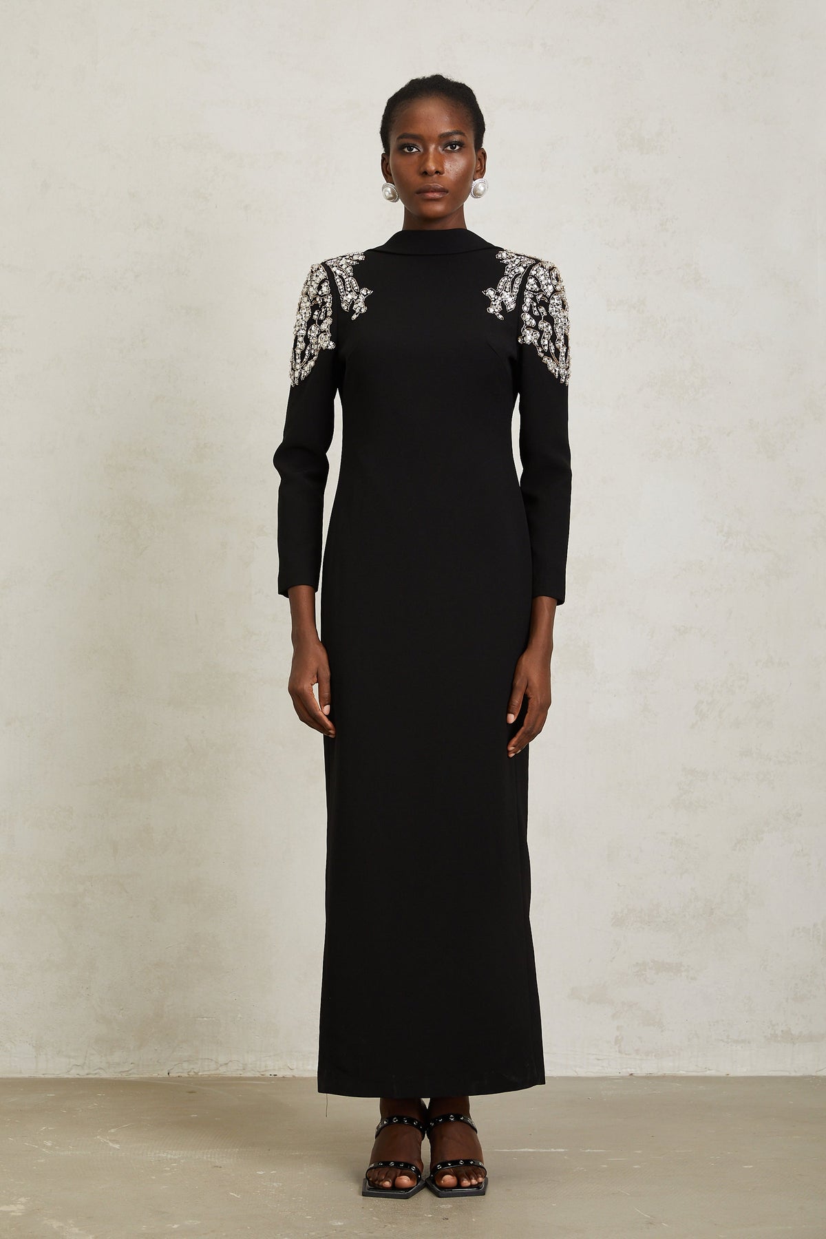 Lidia Black Open Back Embellished Maxi Dress