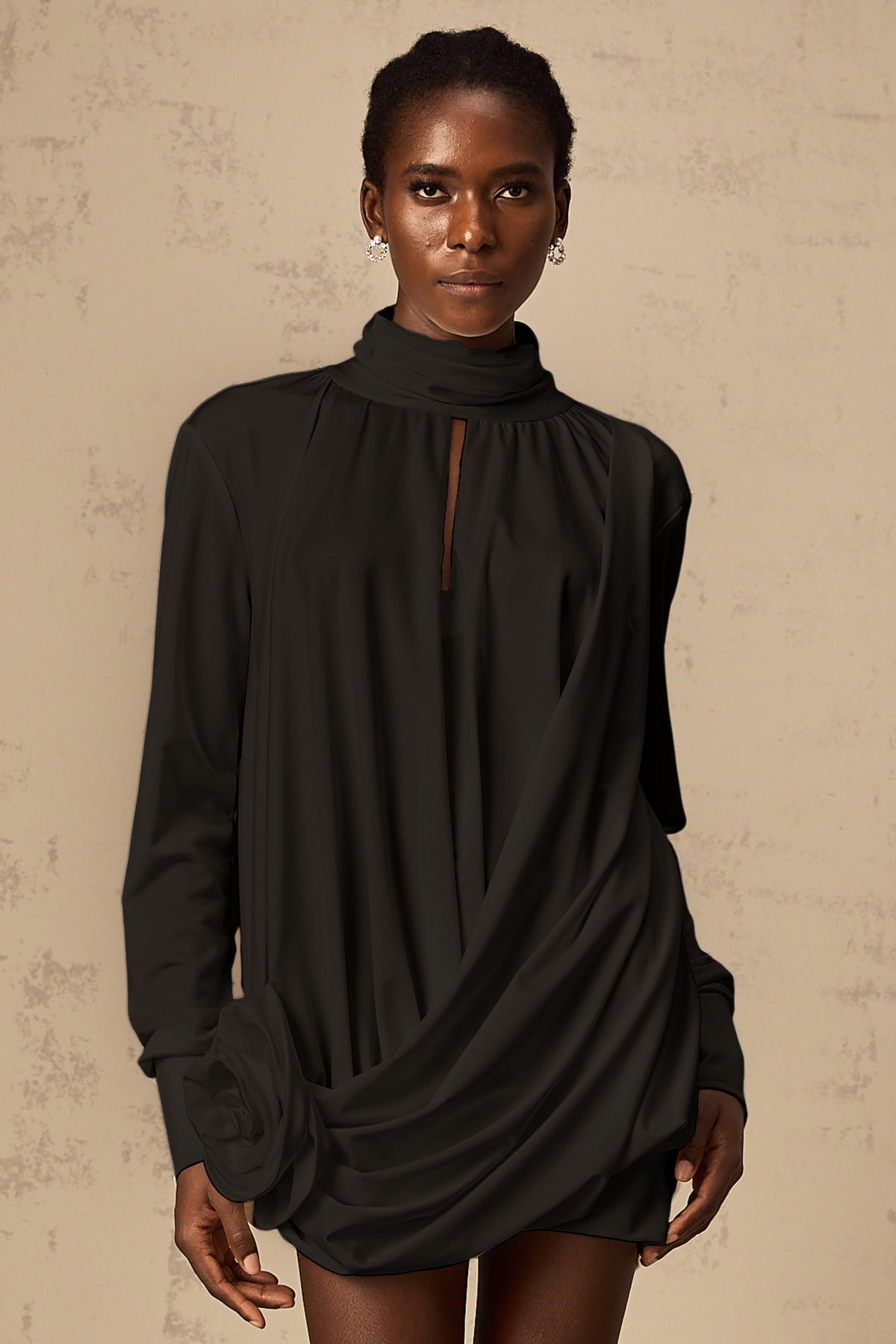 Maeva faux-flower ruched mini dress in Black (Final Sale)
