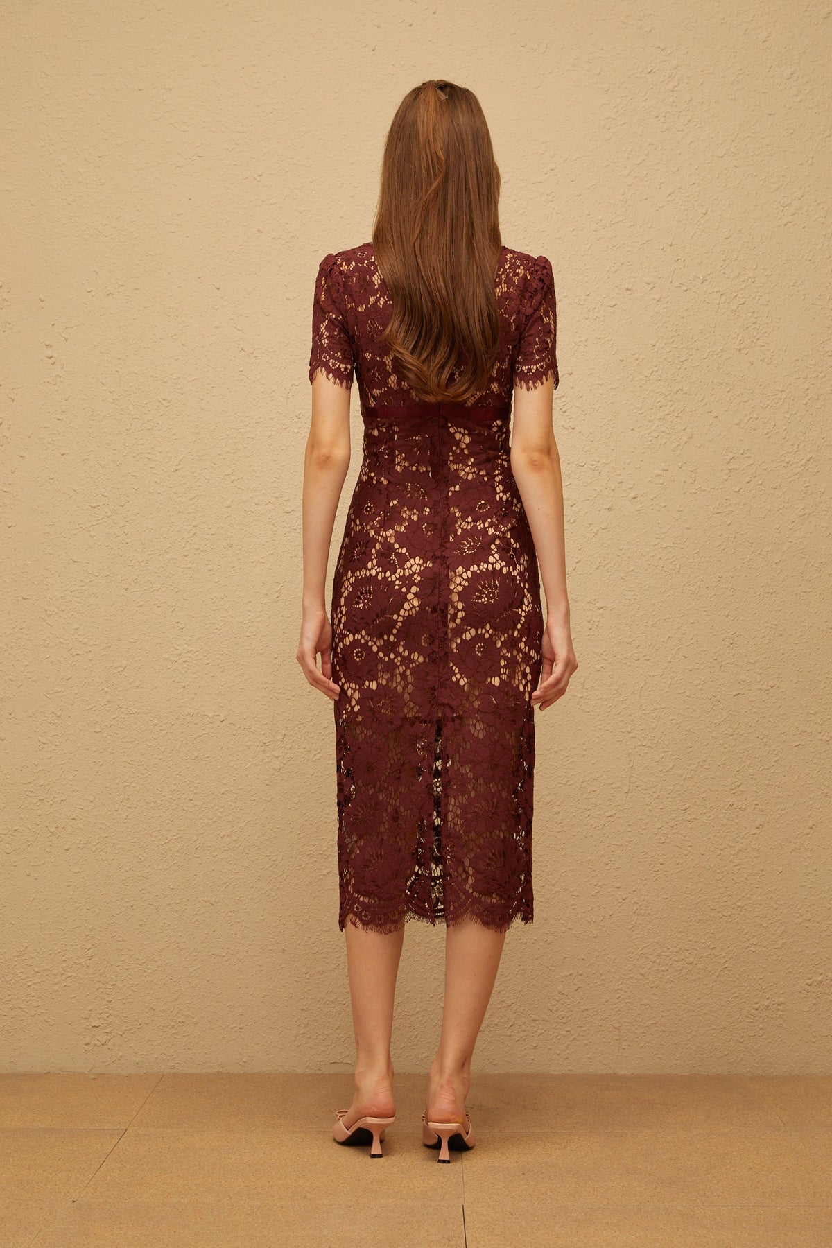 Iris Burgundy Floral Lace Pencil Midi Dress