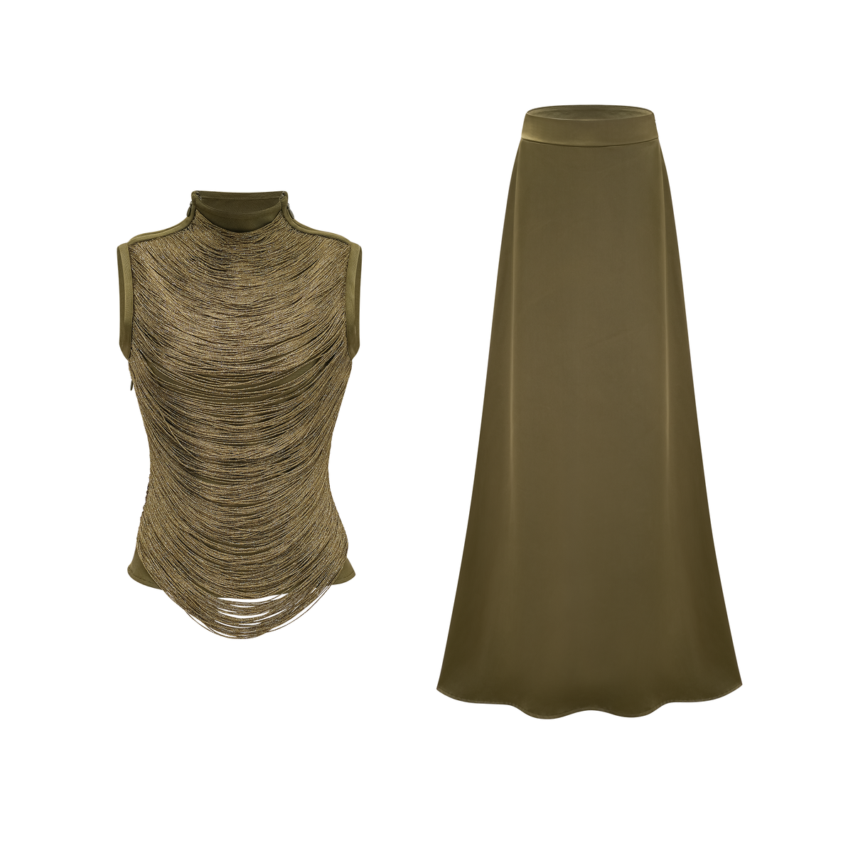 Borbála Green Fringed Top & Satin Skirt Set
