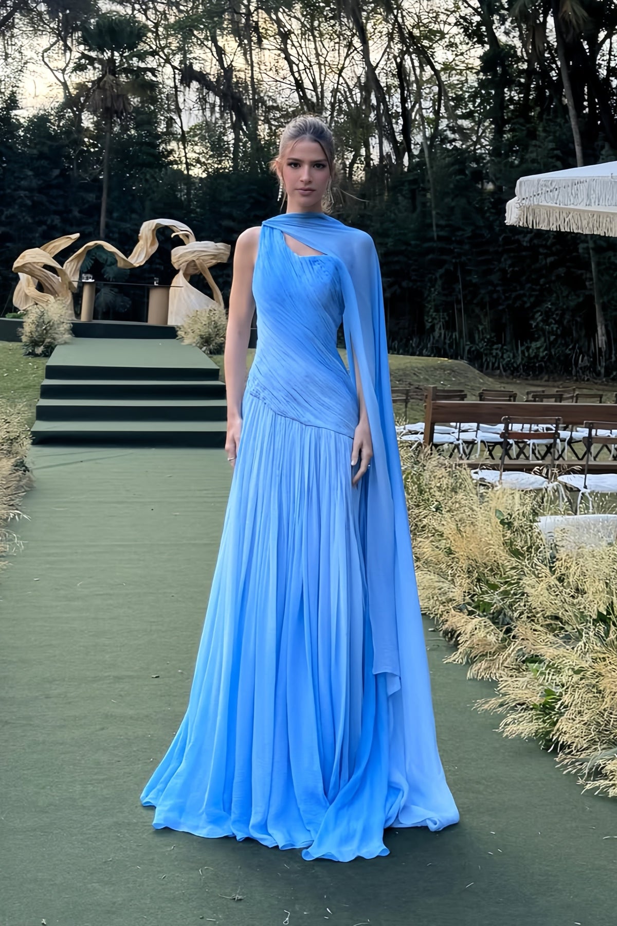 Faustine Blue Cape Design Ruched Maxi Dress