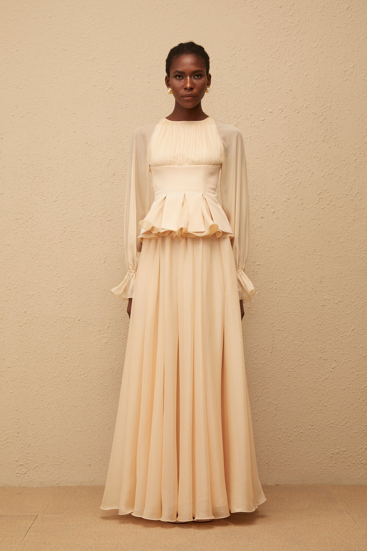 Zéphyrine Neutral Shirred Chiffon Blouse & Skirt Set