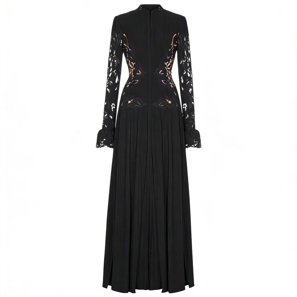Chiara Black Lace Panel Pleated Midi Dress