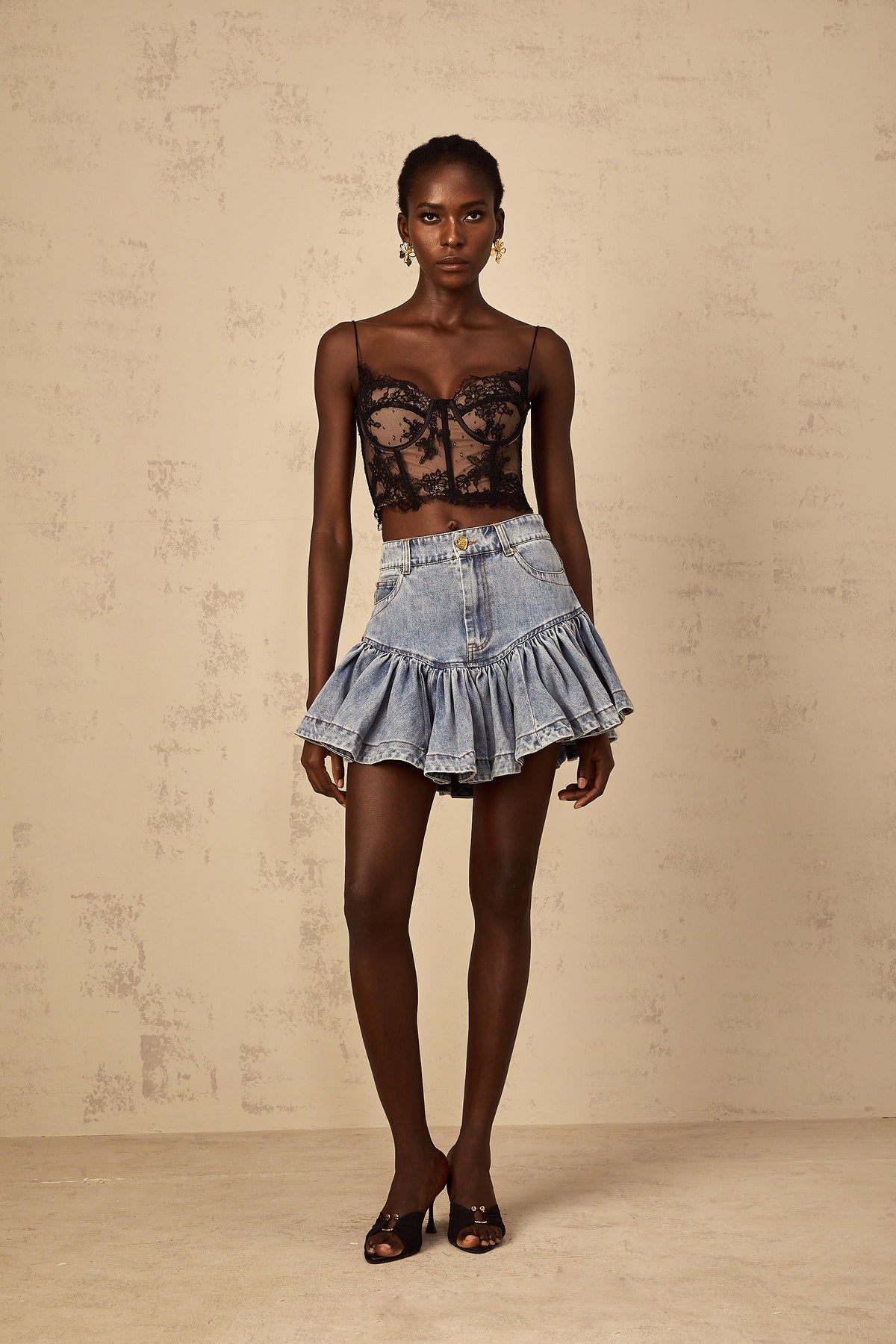 Florence Ruffled Denim Mini Skirt in Light Blue