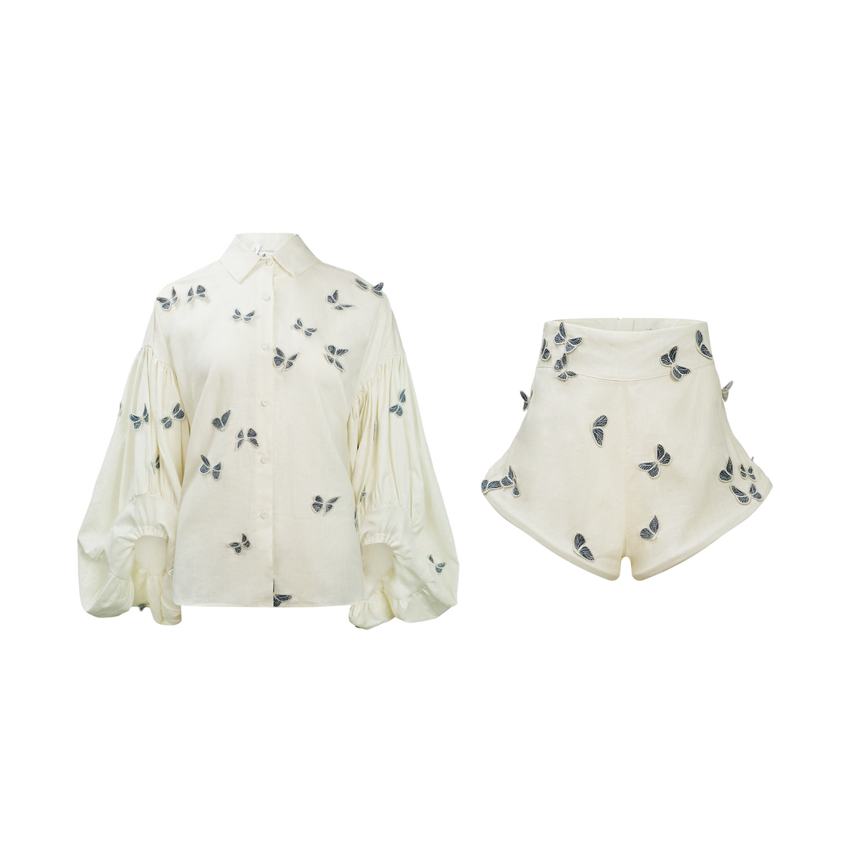 Ophélie White Butterfly Embroidered Shirt & Shorts Set