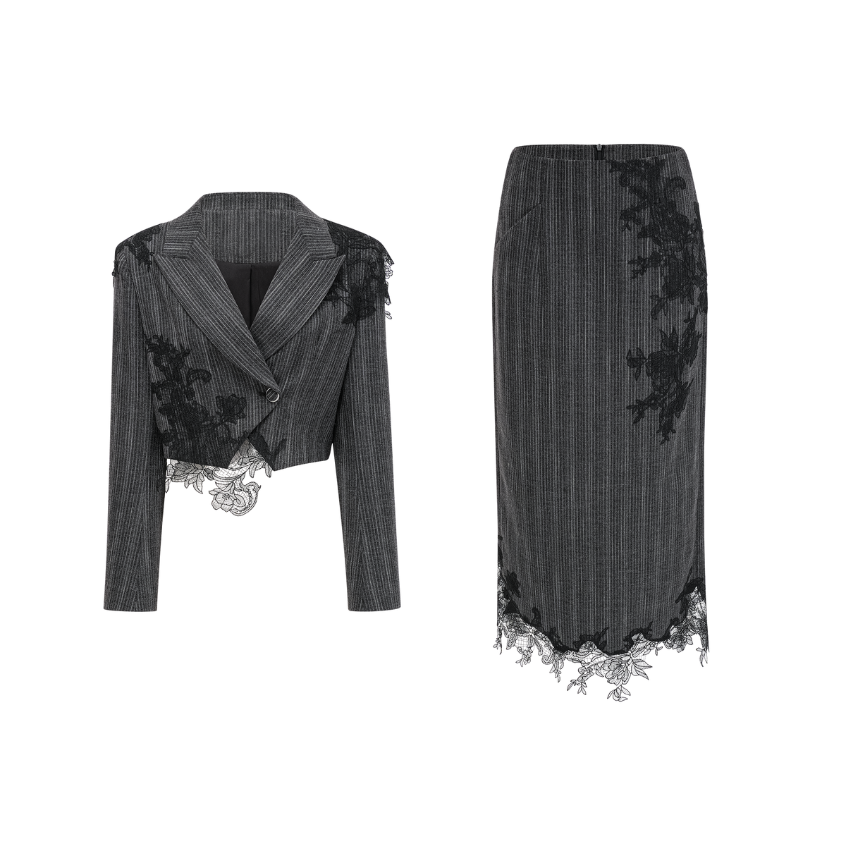 Sidonie Grey Floral Appliqué Striped Blazer & Skirt Set (Final Sale-US Only)