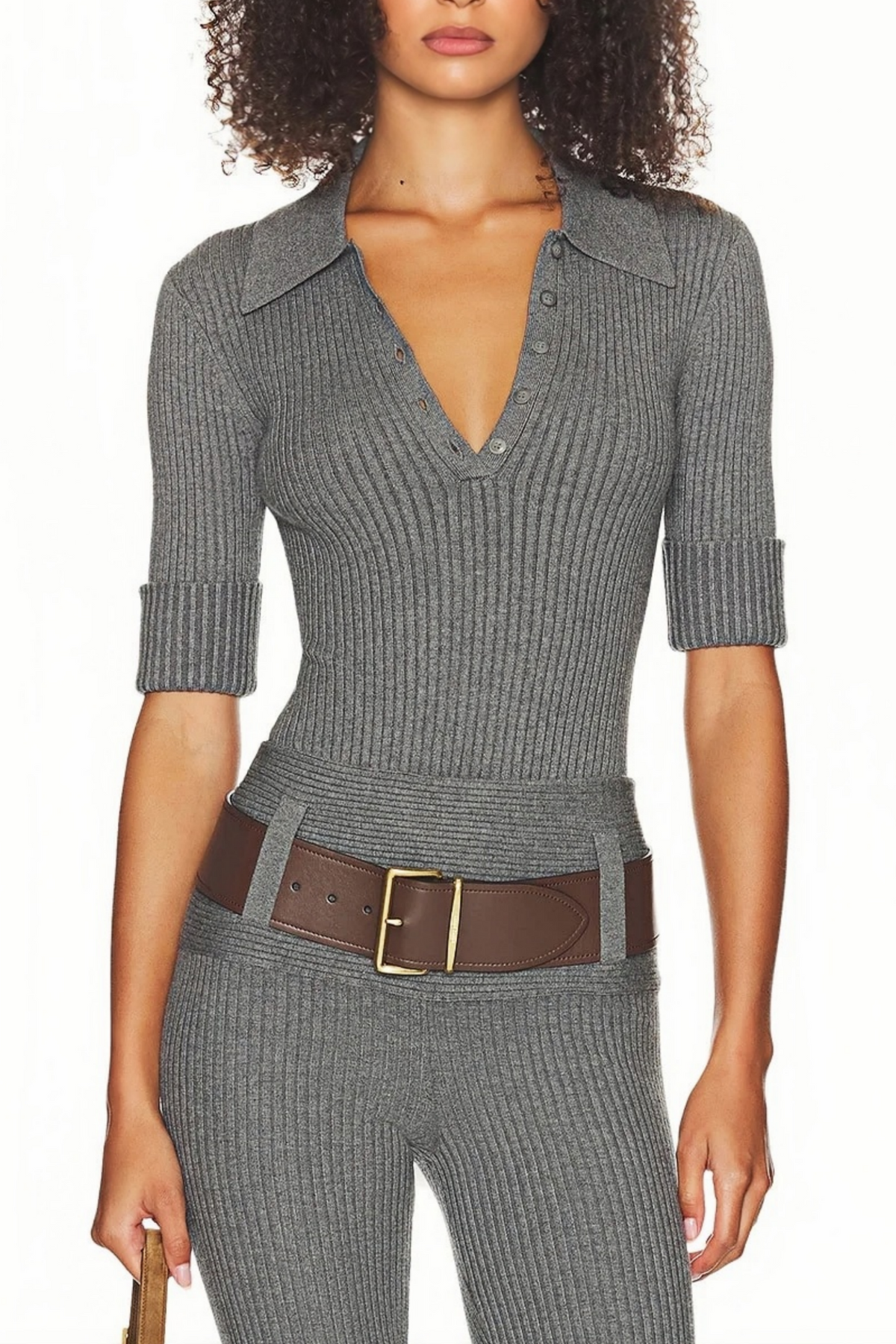Claire Grey Ribbed Knit Bodysuit & Trousers Set