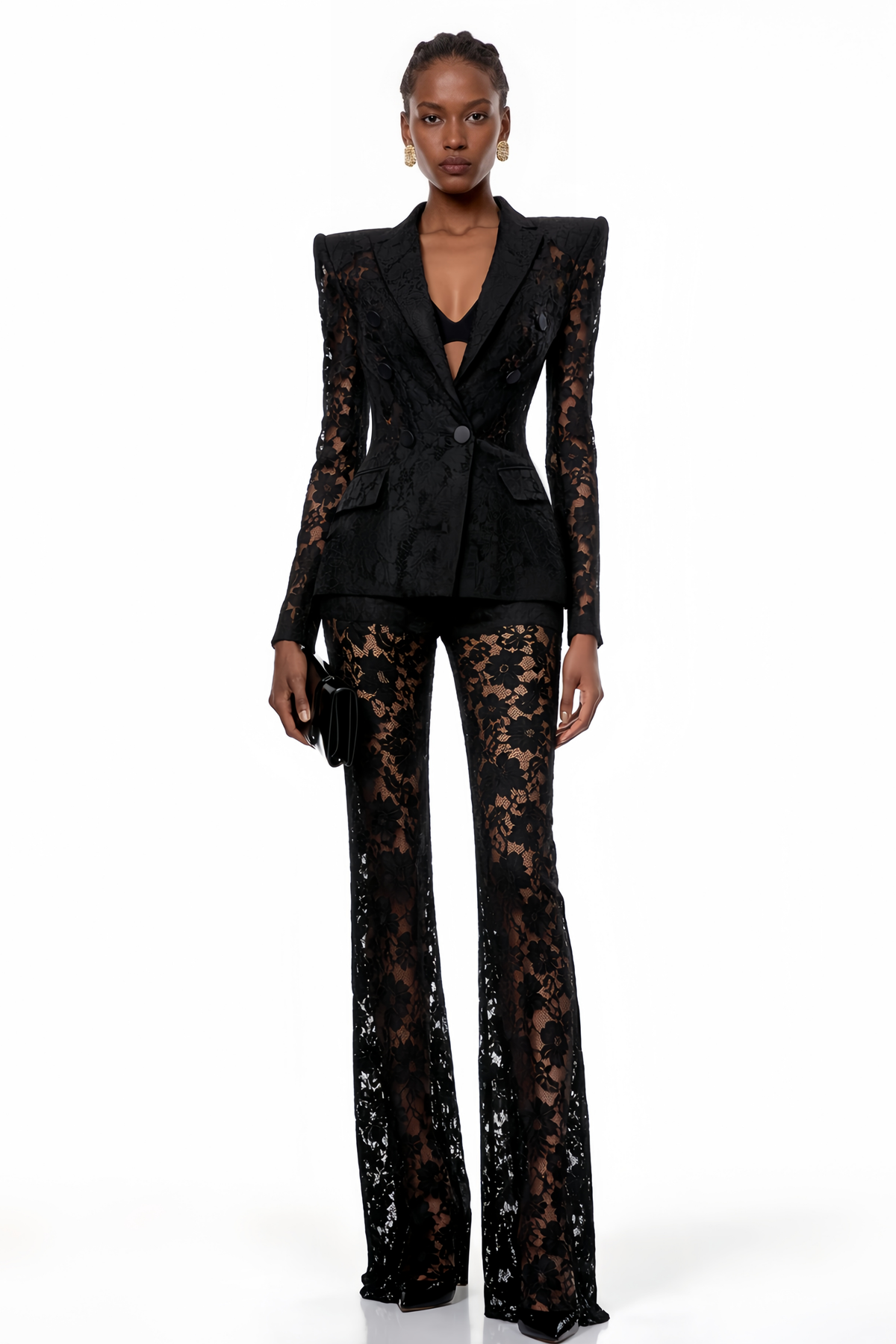Zoé Black Sheer Lace Blazer & Trousers Matching Set