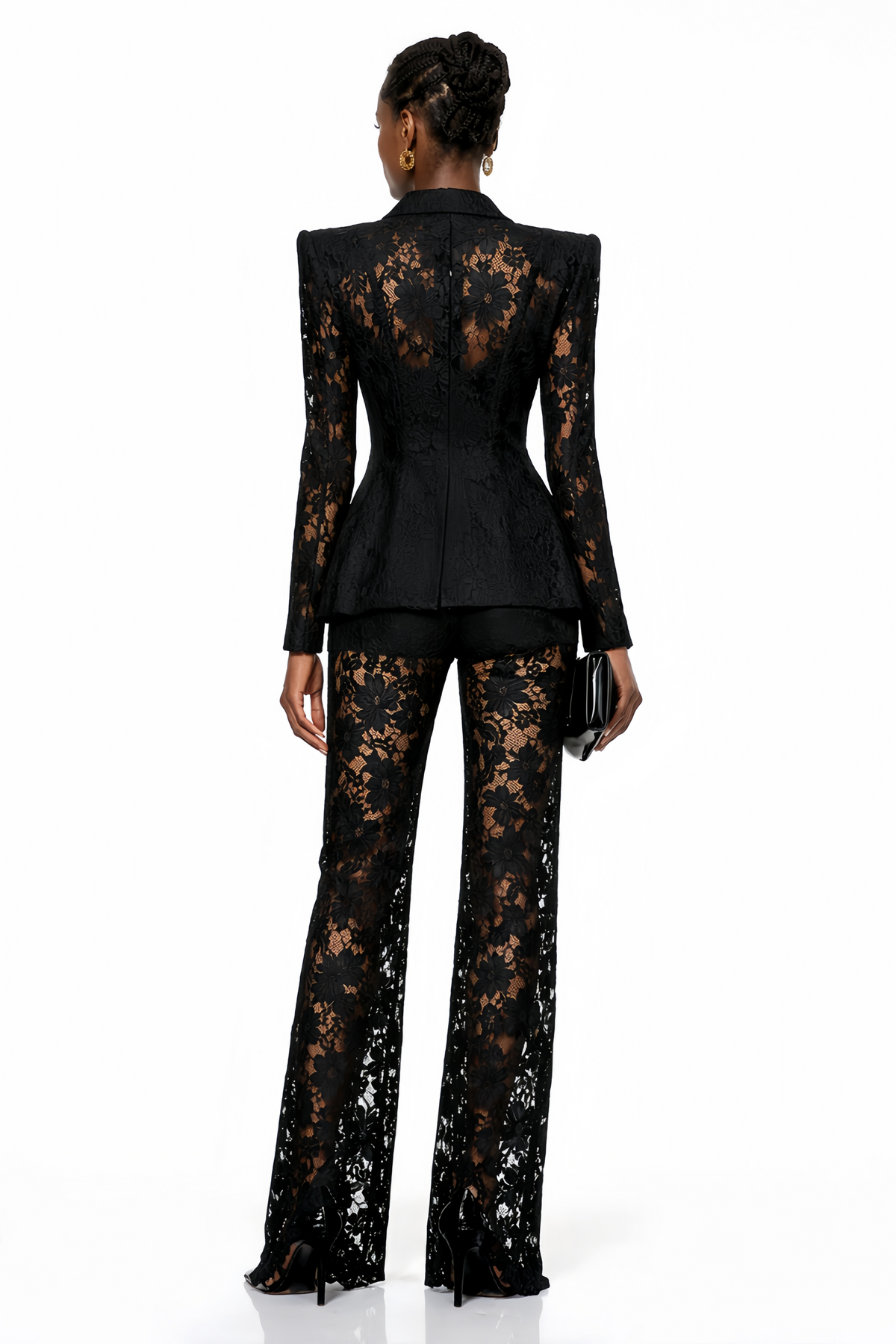 Zoé Black Sheer Lace Blazer & Trousers Matching Set