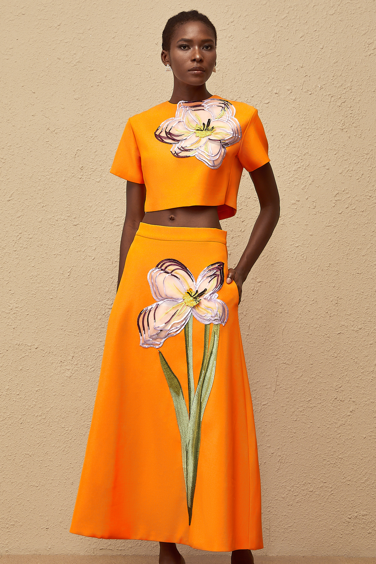 Irène Orange Sequin Floral Embroidered Matching Set