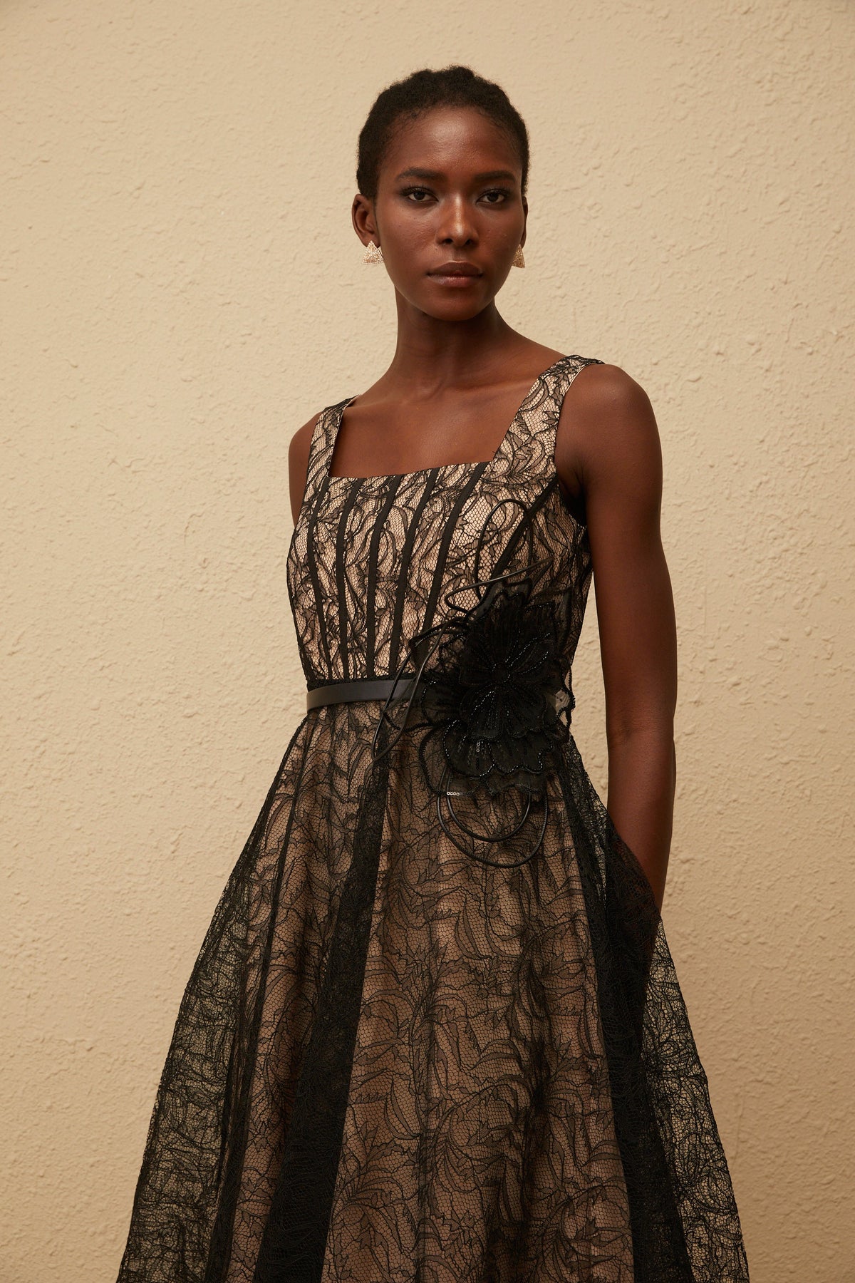 Sandrine Black Floral Lace Midi Dress