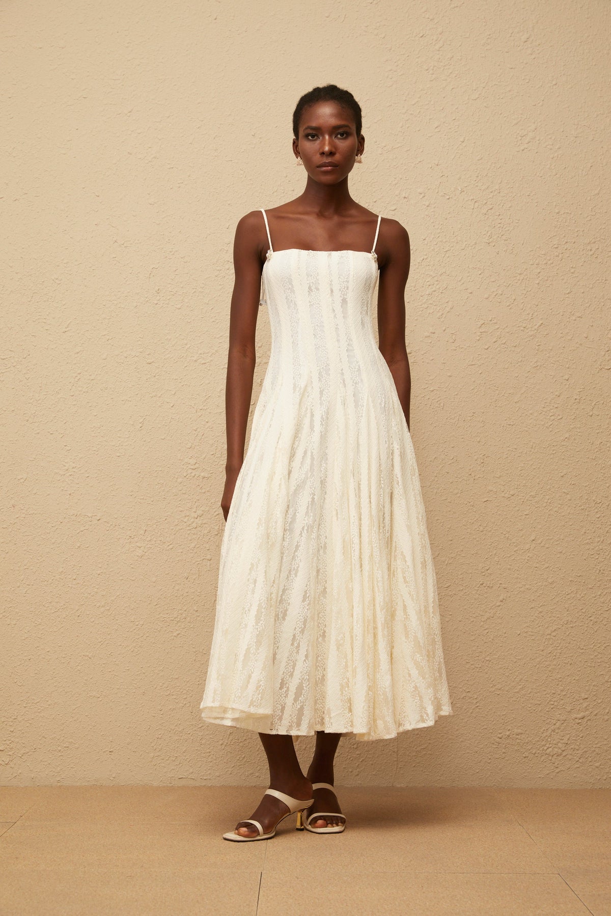 Coralie White Pleated Lace Midi Dress