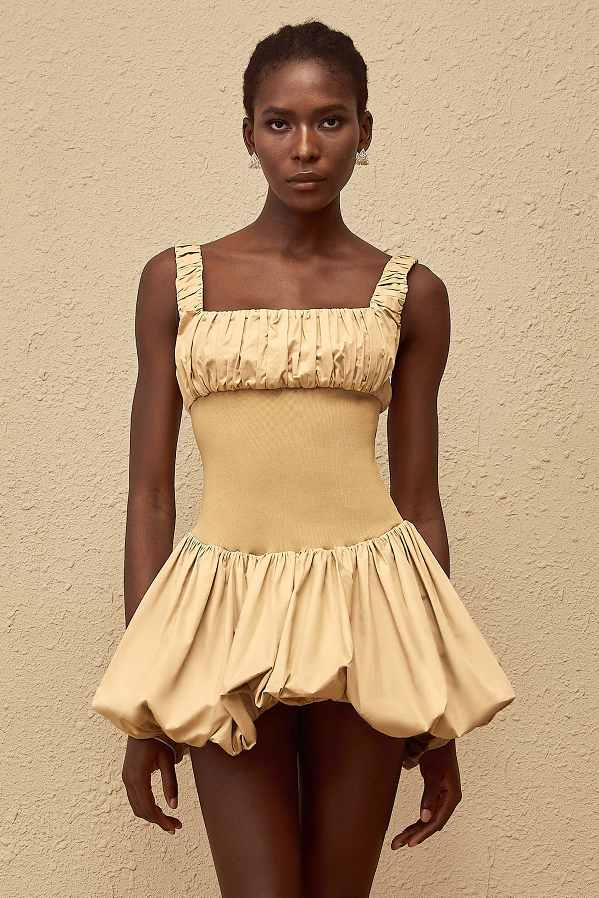 Sandrine Khaki Shirred Bubble Hem Mini Dress (Final Sale-US Only)