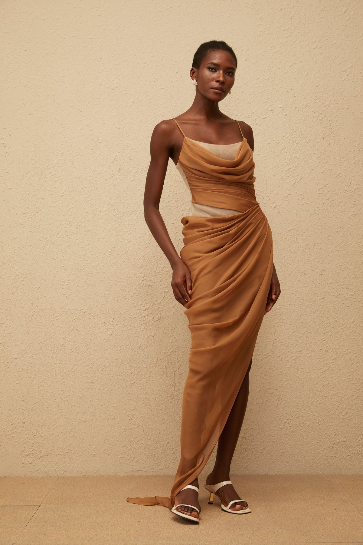 Charisa Khaki Draped Chiffon Maxi Dress