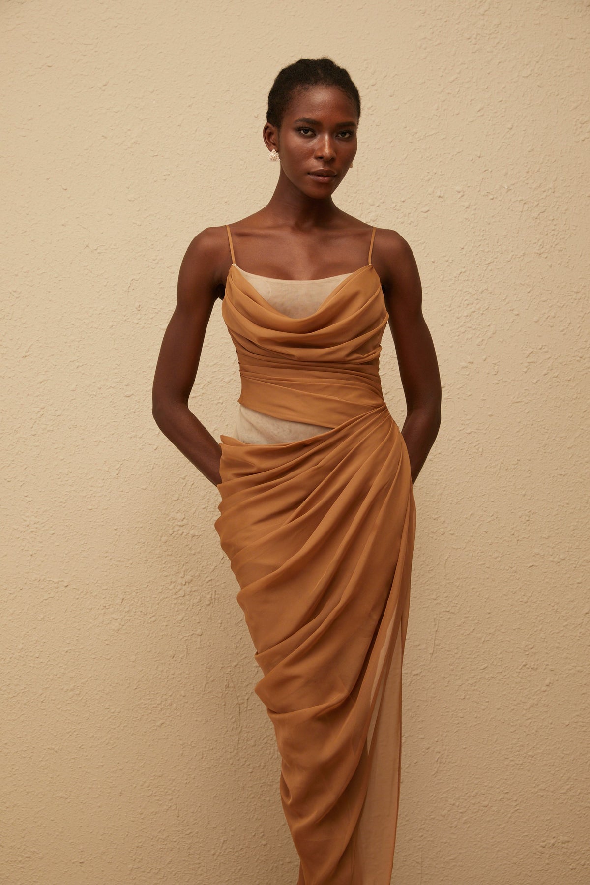 Charisa Khaki Draped Chiffon Maxi Dress
