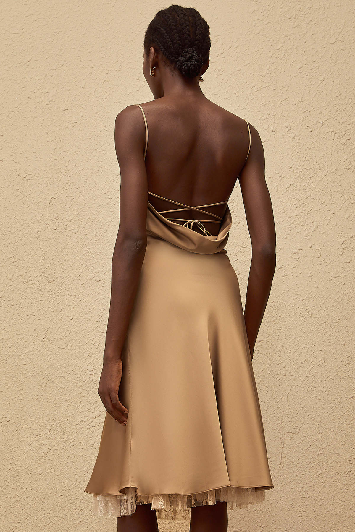 Ananias Khaki Lace Panel Satin Midi Dress