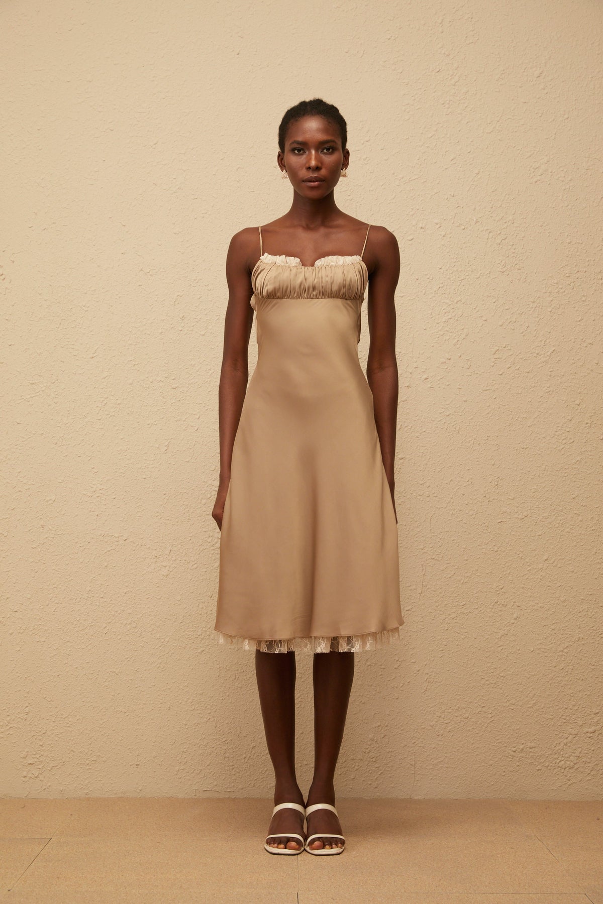 Ananias Khaki Lace Panel Satin Midi Dress (Final Sale)