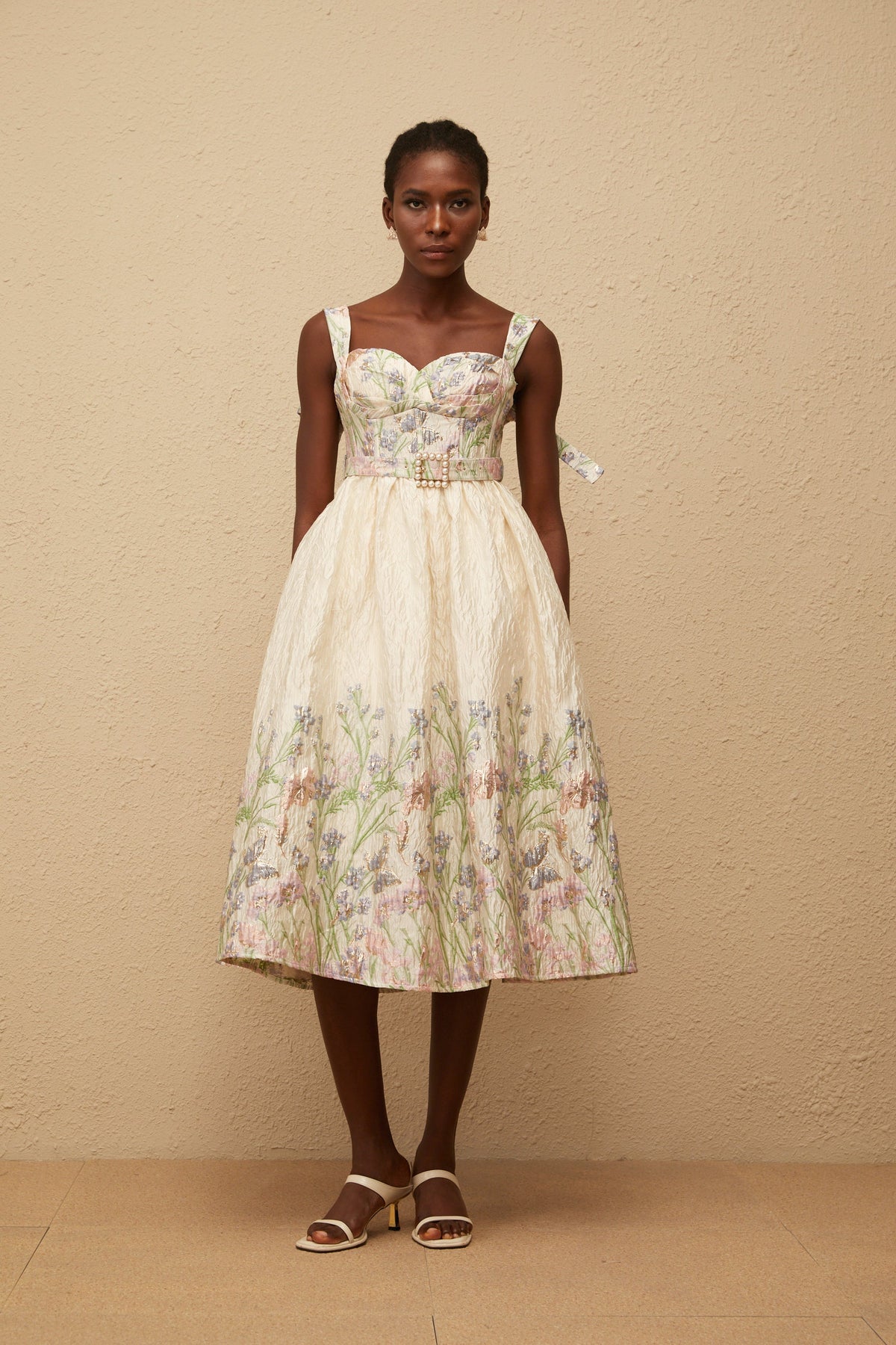 Inaya Neutral Jacquard Floral Midi Dress (Final Sale)