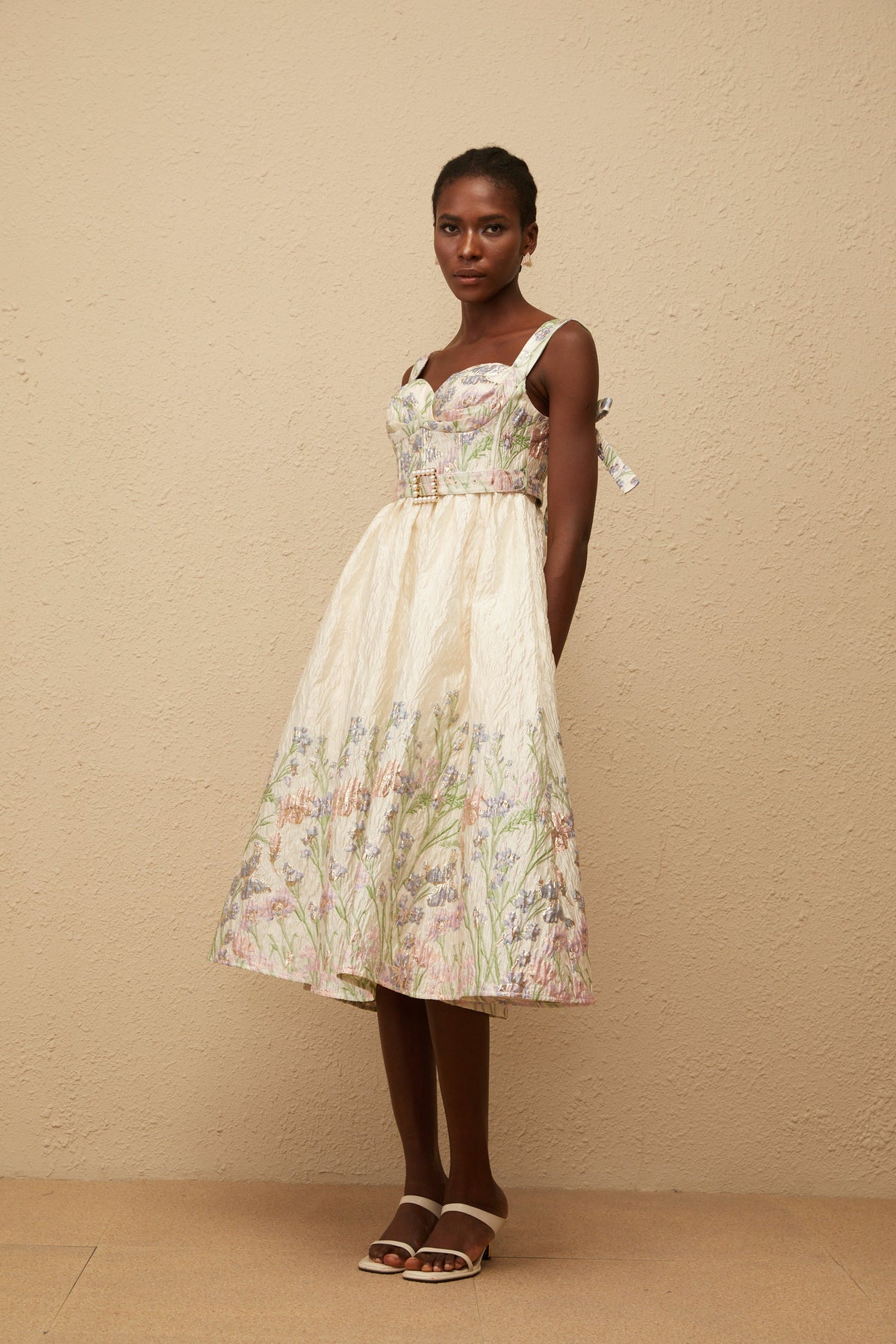 Inaya Neutral Jacquard Floral Midi Dress (Final Sale)