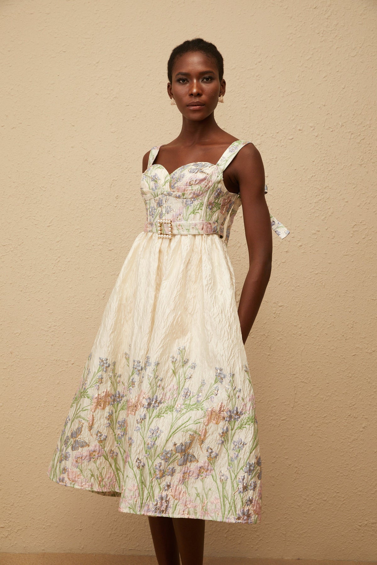 Inaya Neutral Jacquard Floral Midi Dress (Final Sale)