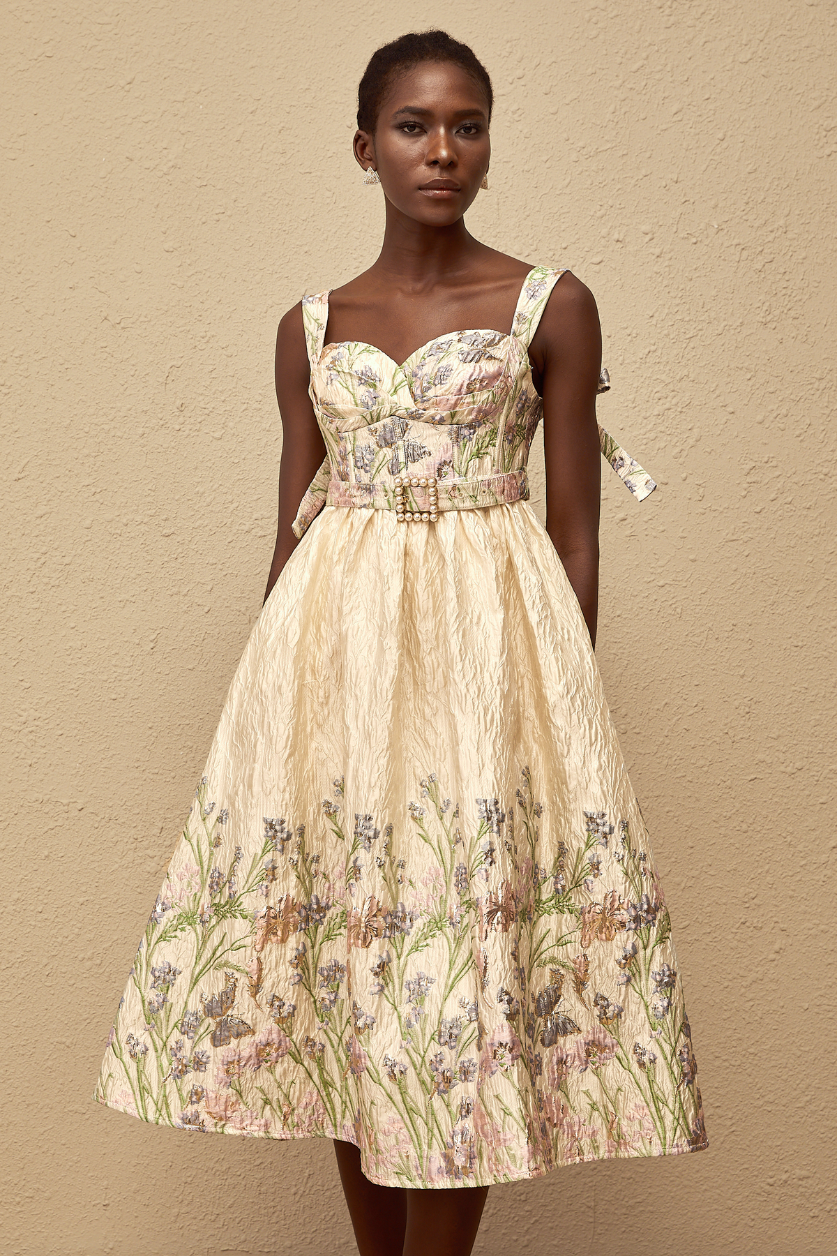 Inaya Neutral Jacquard Floral Midi Dress (Final Sale)