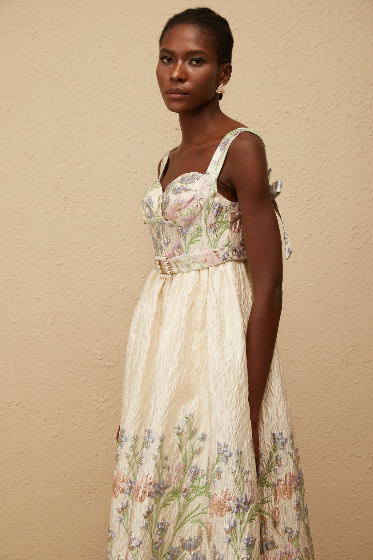 Inaya Neutral Jacquard Floral Midi Dress (Final Sale)