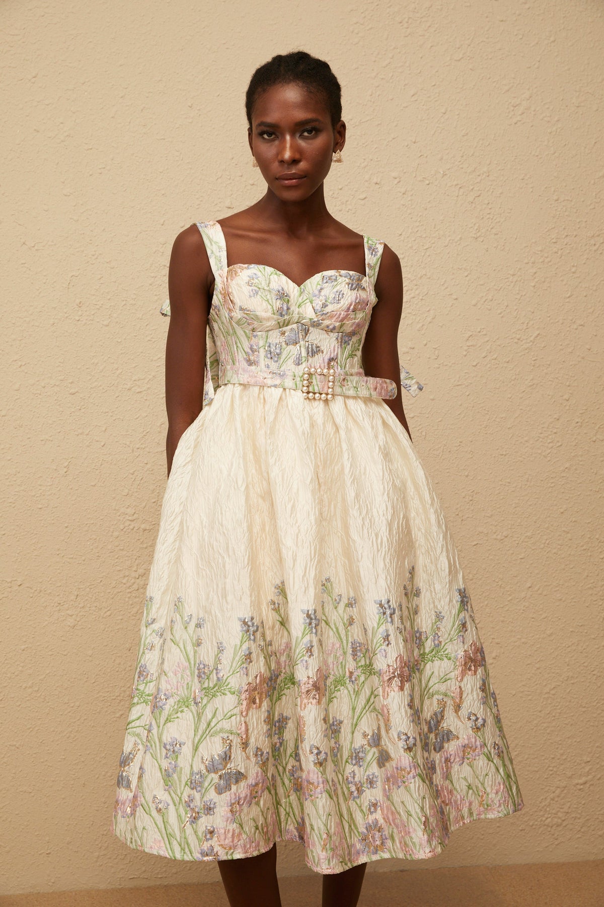 Inaya Neutral Jacquard Floral Midi Dress (Final Sale)