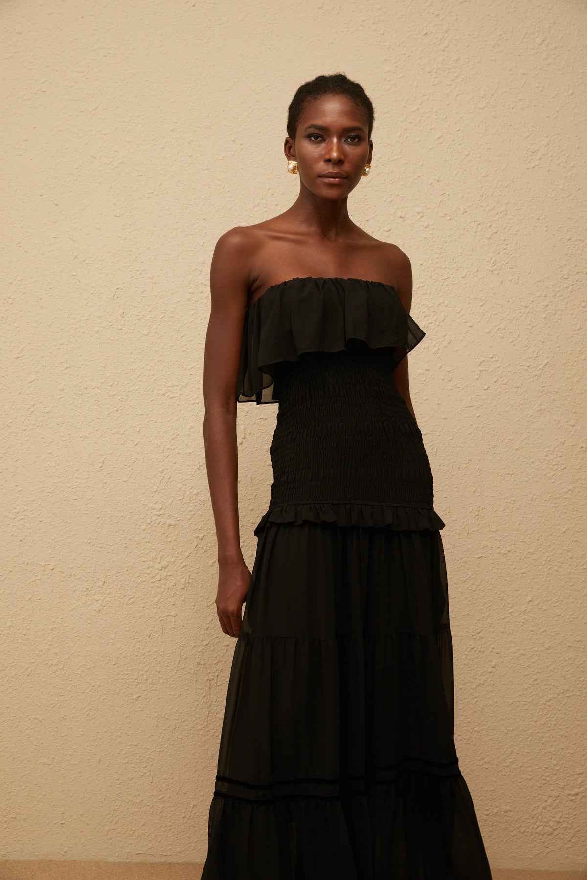 Karoliina Black Off-Shoulder Smocked Panel Maxi Dress