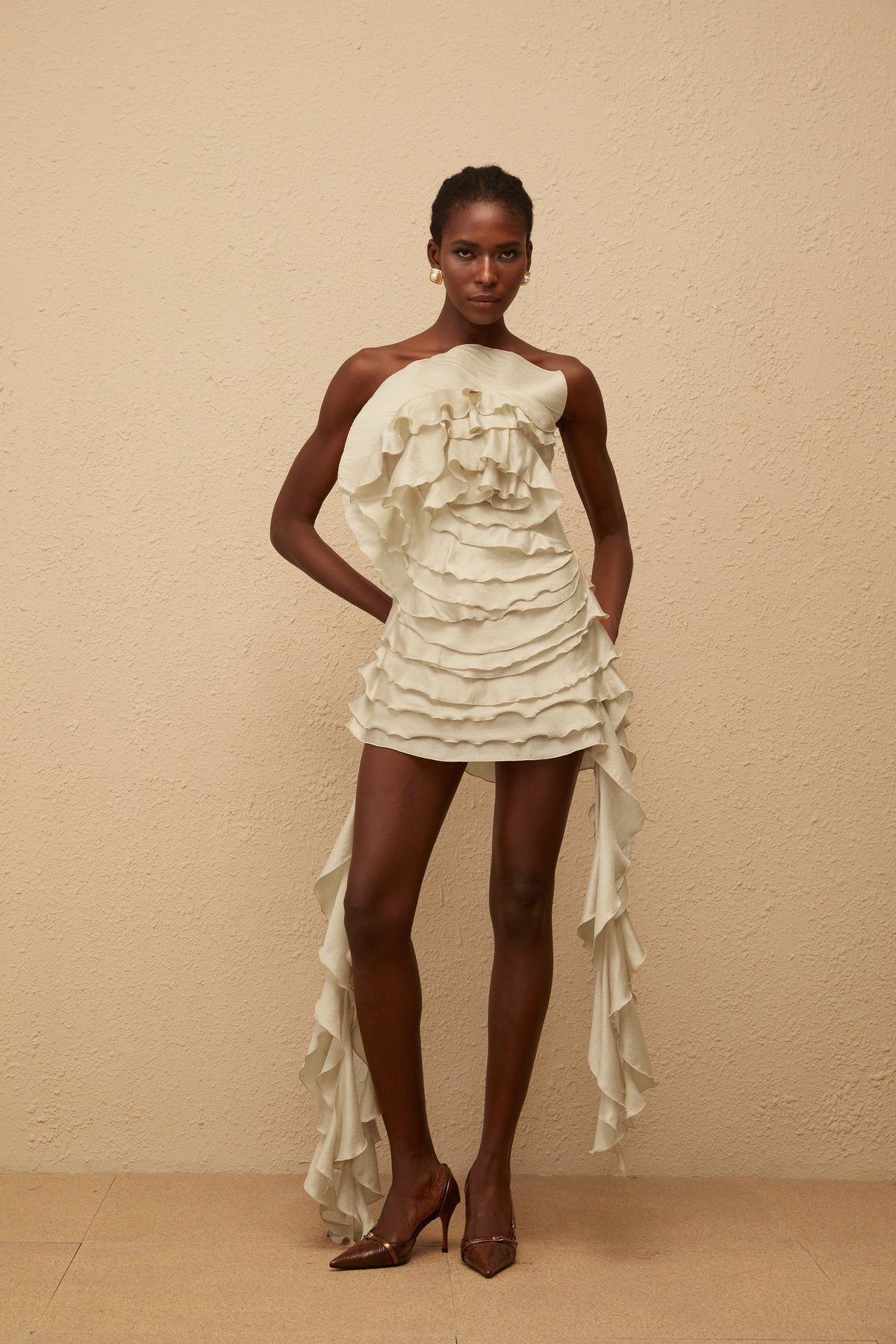 Anneli Neutral Off-Shoulder Ruffled Mini Dress