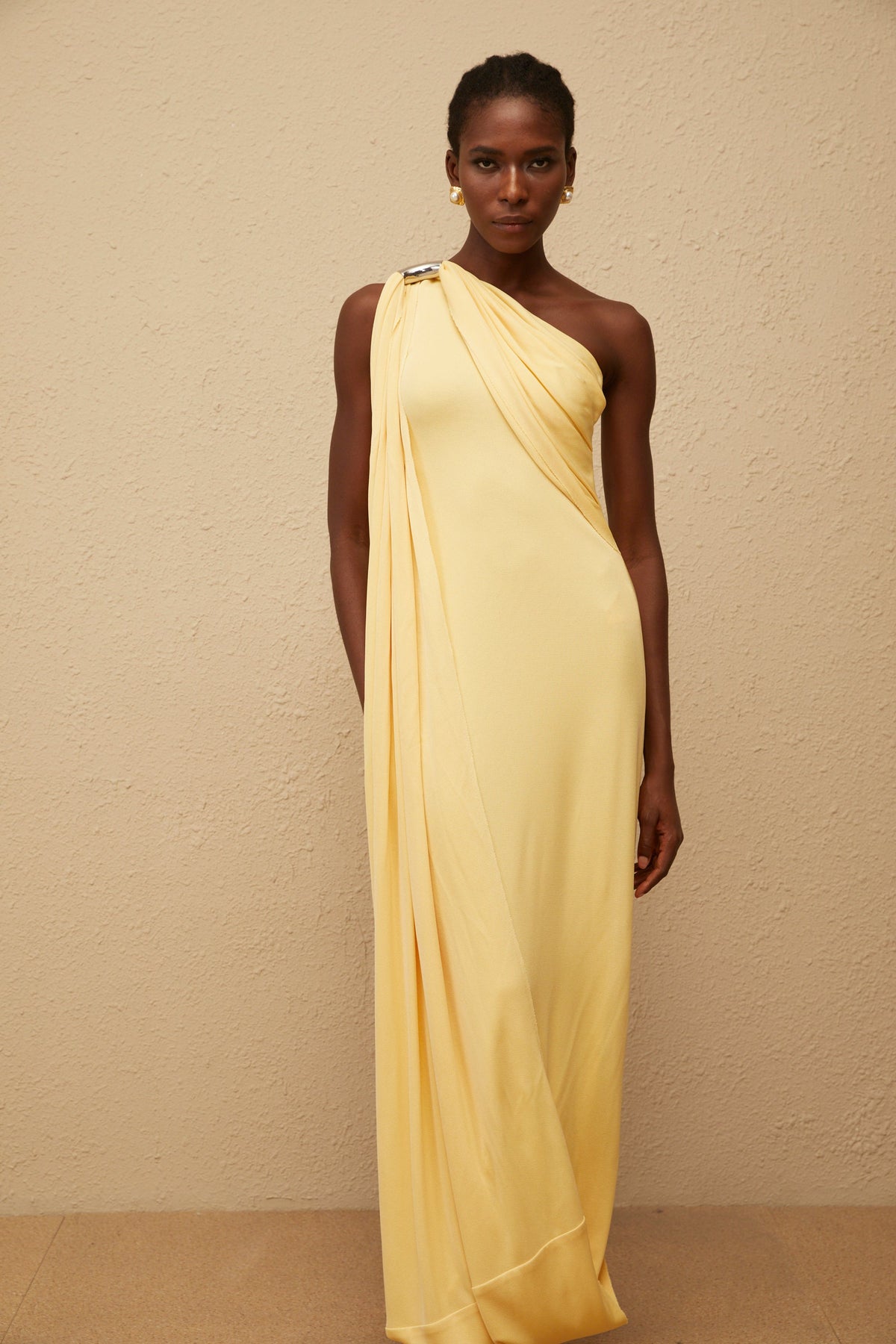 Garance Yellow Draped Asymmetrical Maxi Dress