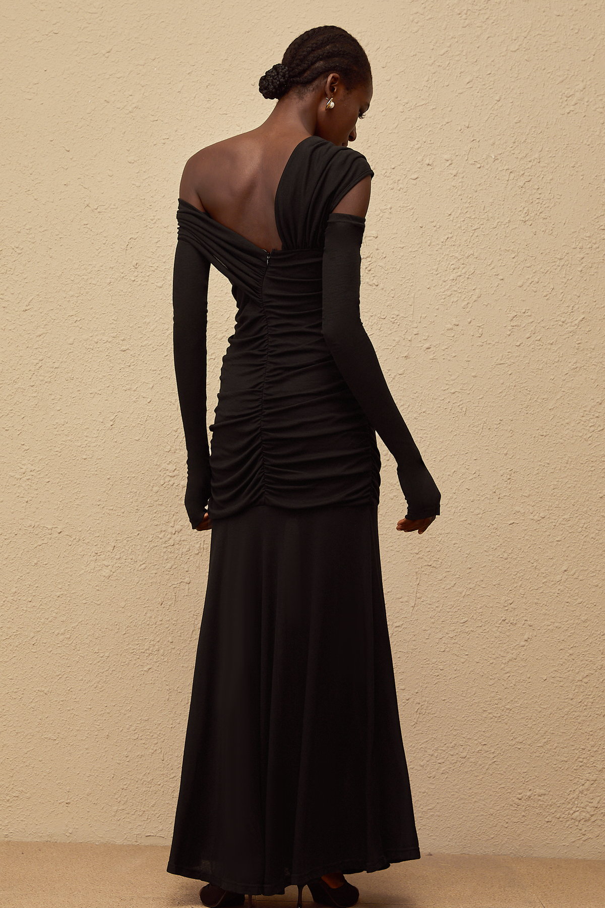 Aava Black Ruched Knit Maxi Dress